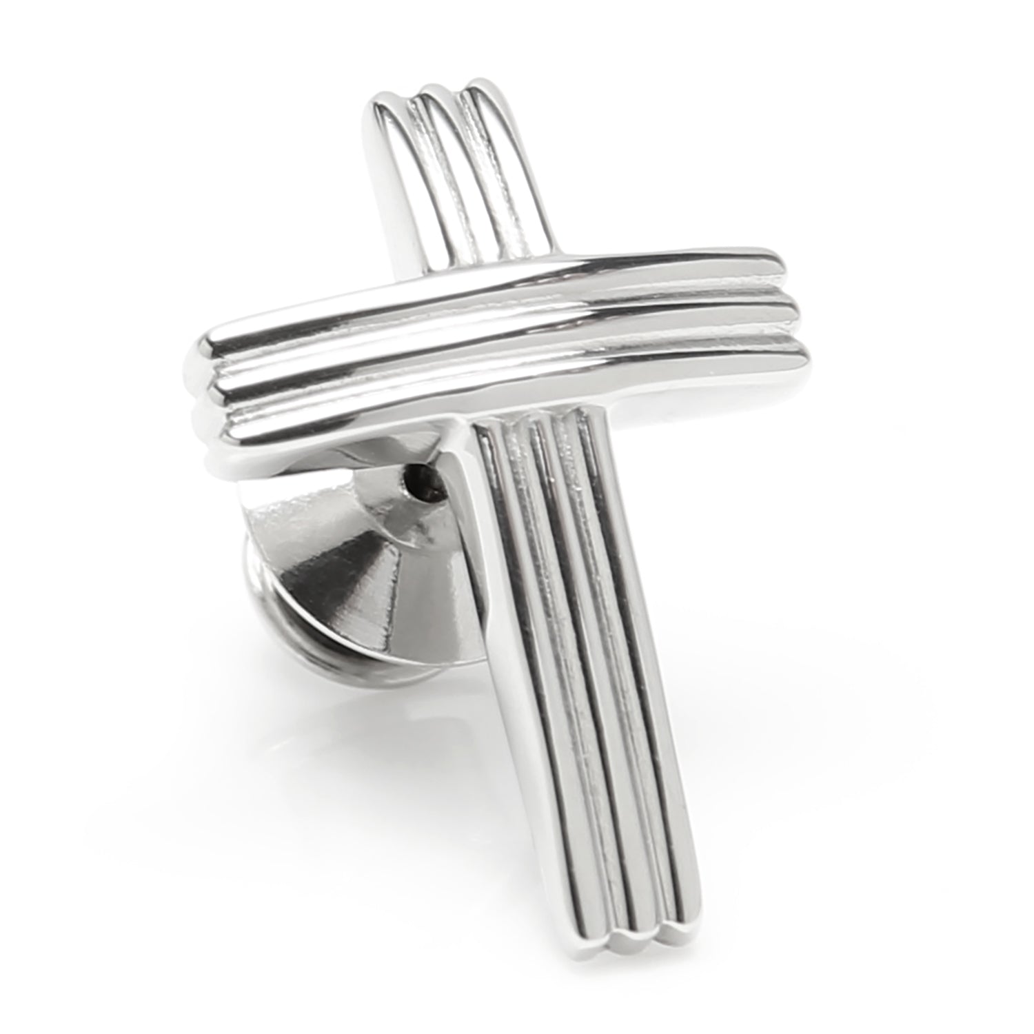 Silver cross-shaped cufflink on a white background