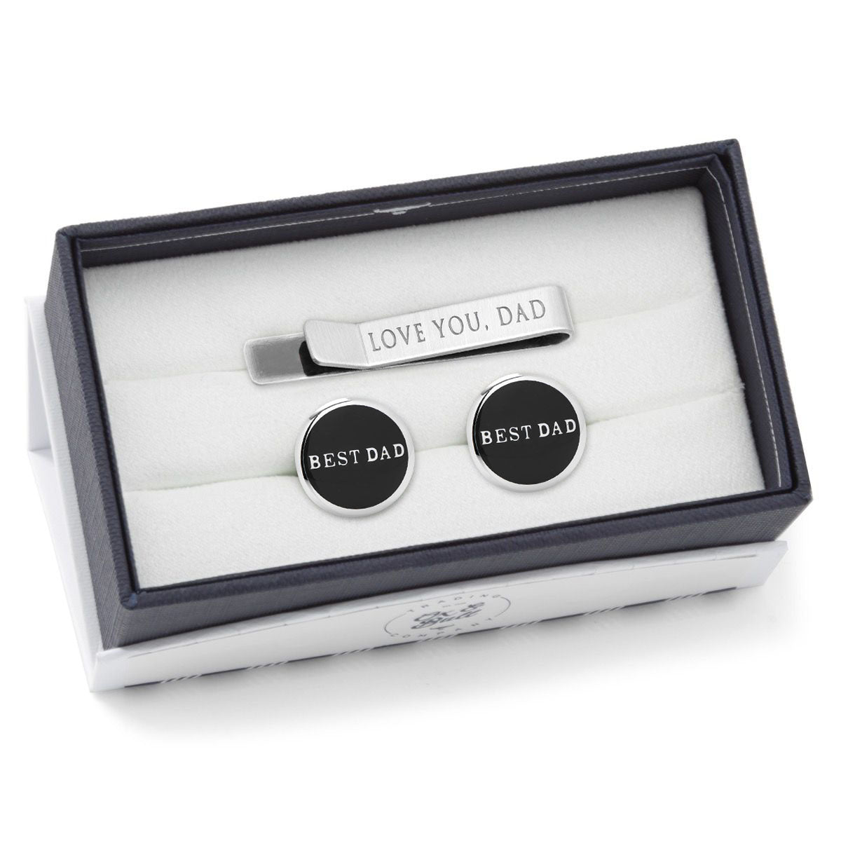 Cufflinks and tie clip set with 'Best Dad' and 'Love You, Dad' text in a box on a white background