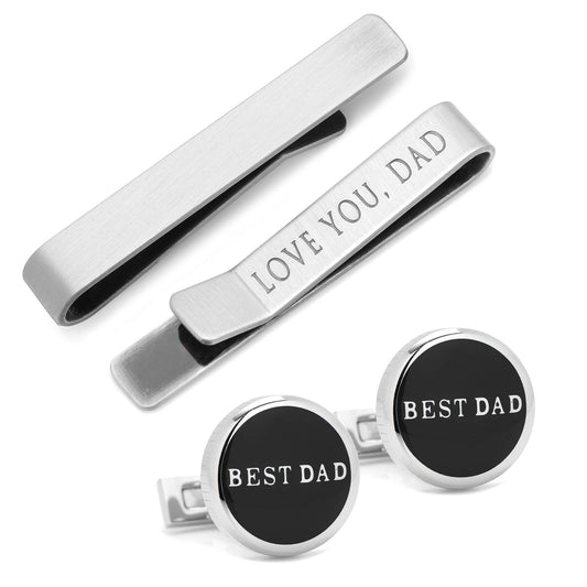 Silver tie clip and cufflinks with 'LOVE YOU, DAD' and 'BEST DAD' text on a white background