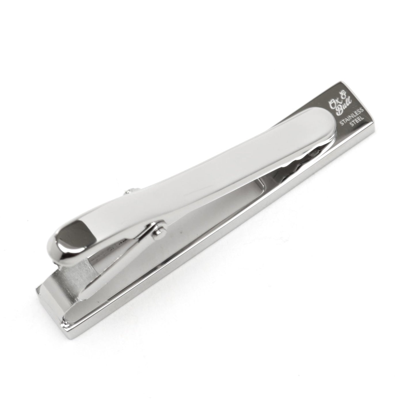 Silver tie clip on a white background