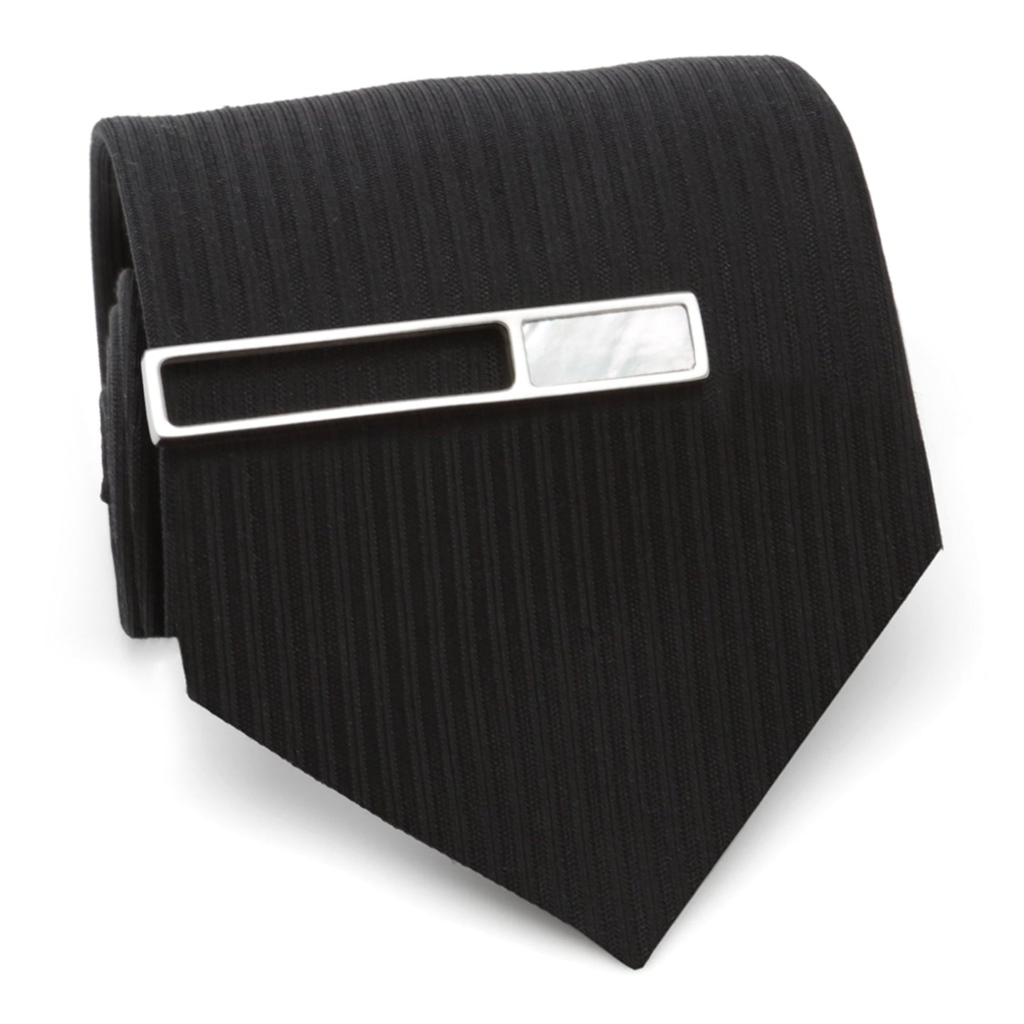 Black tie with a silver tie clip on a white background