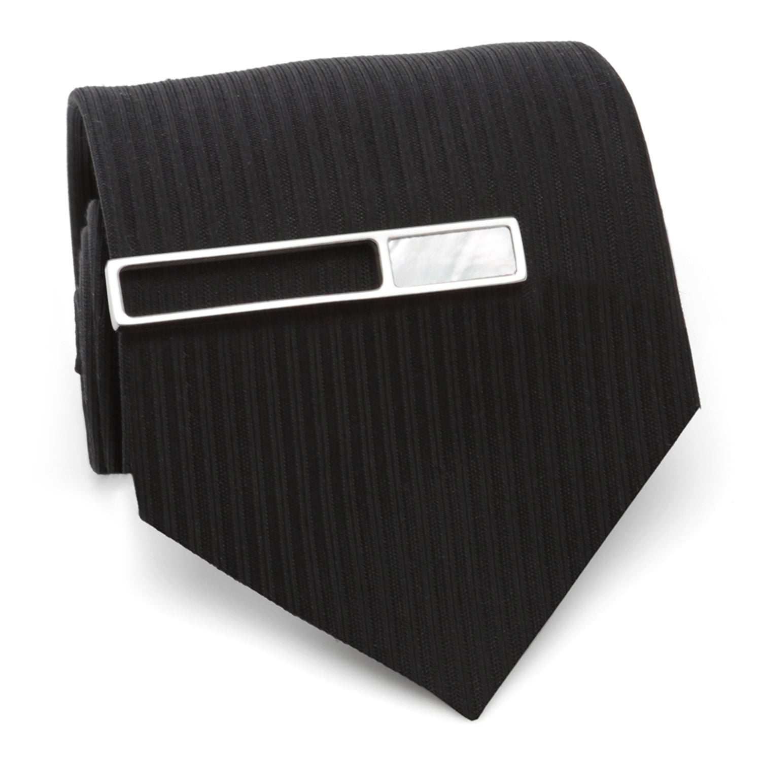 Black tie with a silver tie clip on a white background
