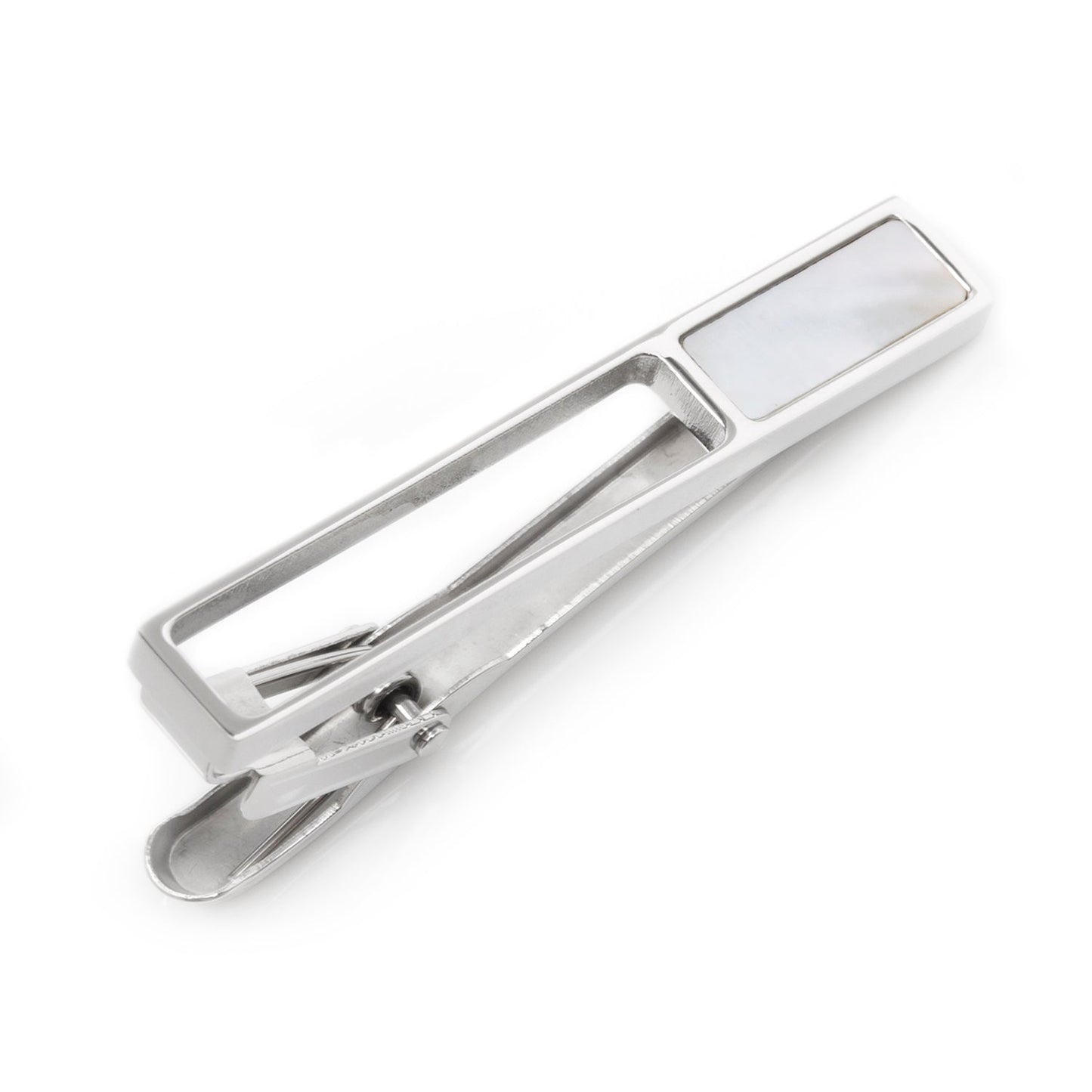 Silver tie clip on a white background