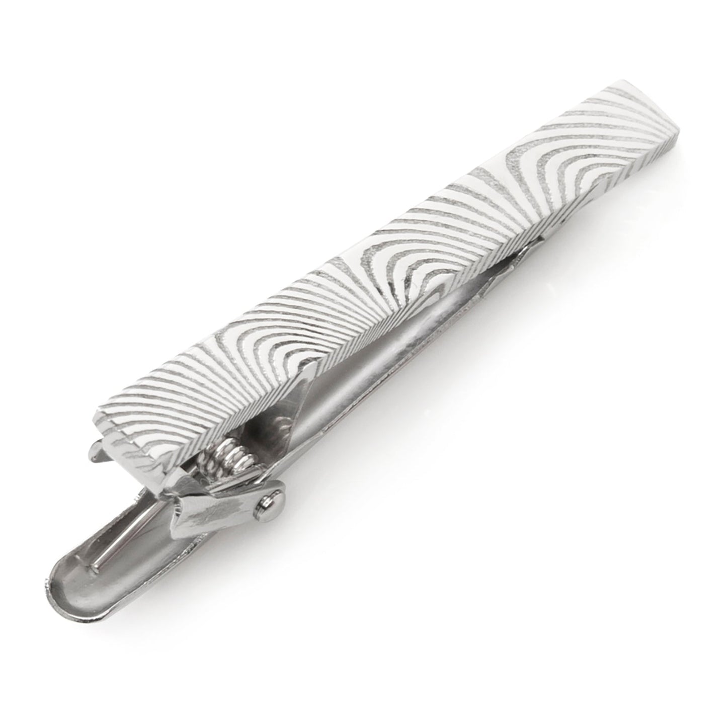 Silver tie clip with wavy pattern on a white background