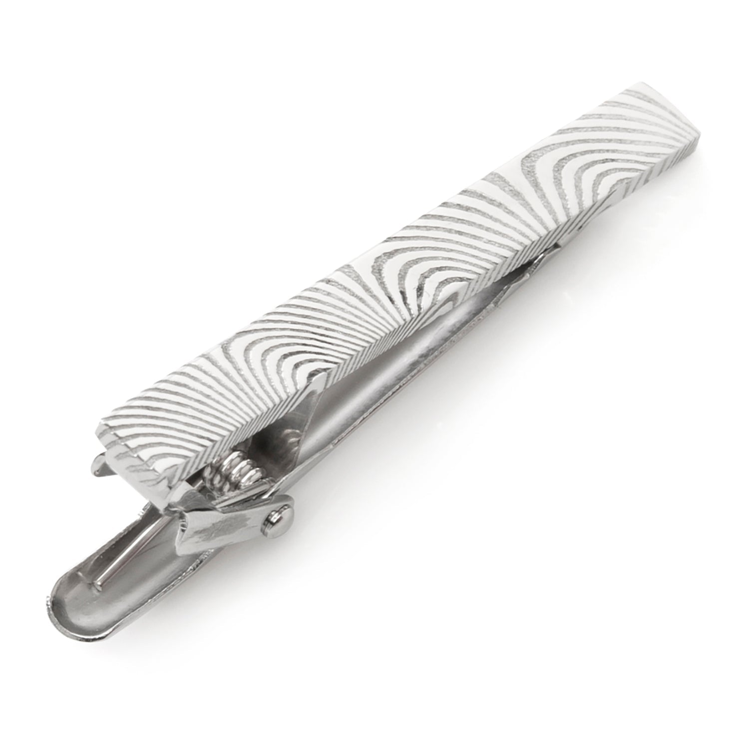 Silver tie clip with wavy pattern on a white background