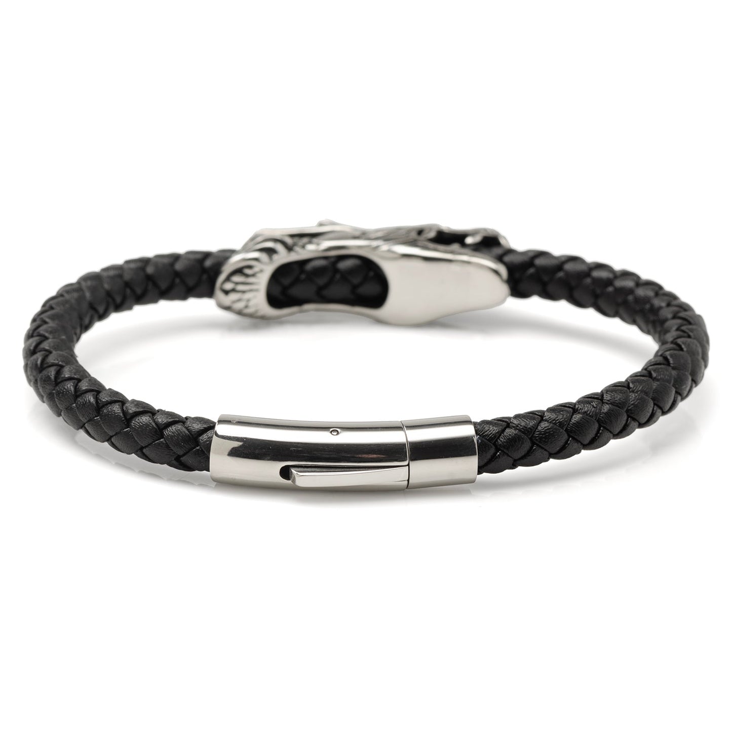 Dragon Head Braided Black Leather Bracelet with Magnetic Closure