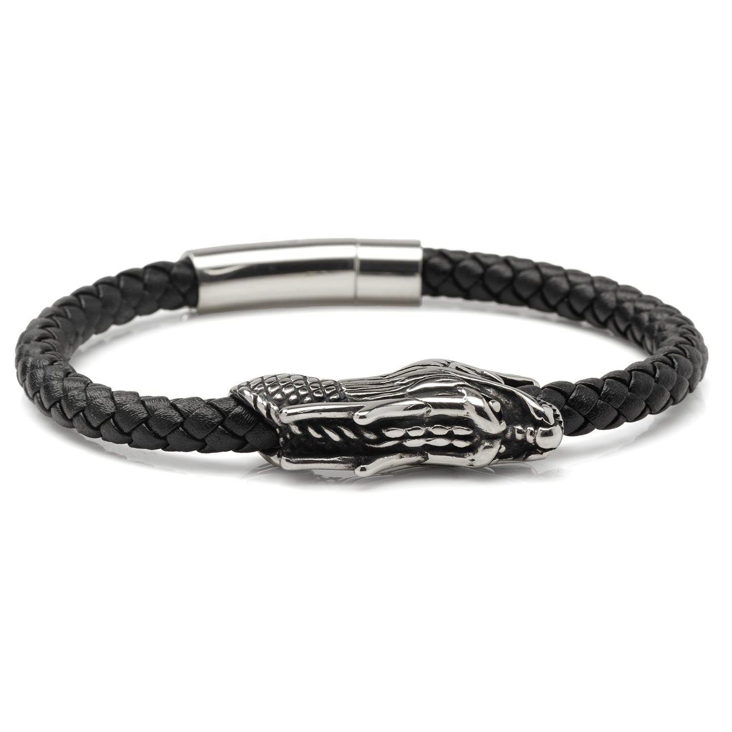 Dragon Head Braided Black Leather Bracelet with Magnetic Closure