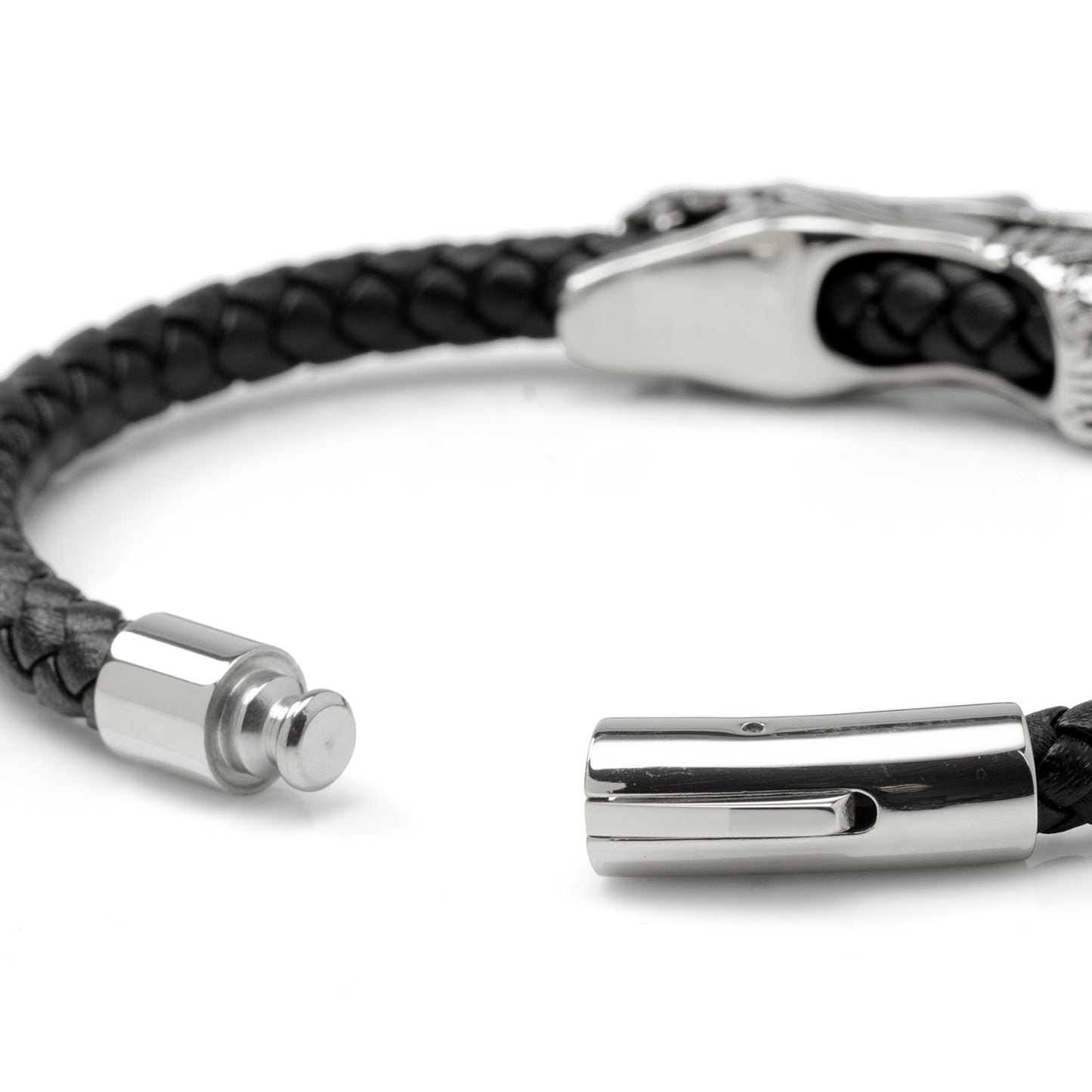 Dragon Head Braided Black Leather Bracelet with Magnetic Closure
