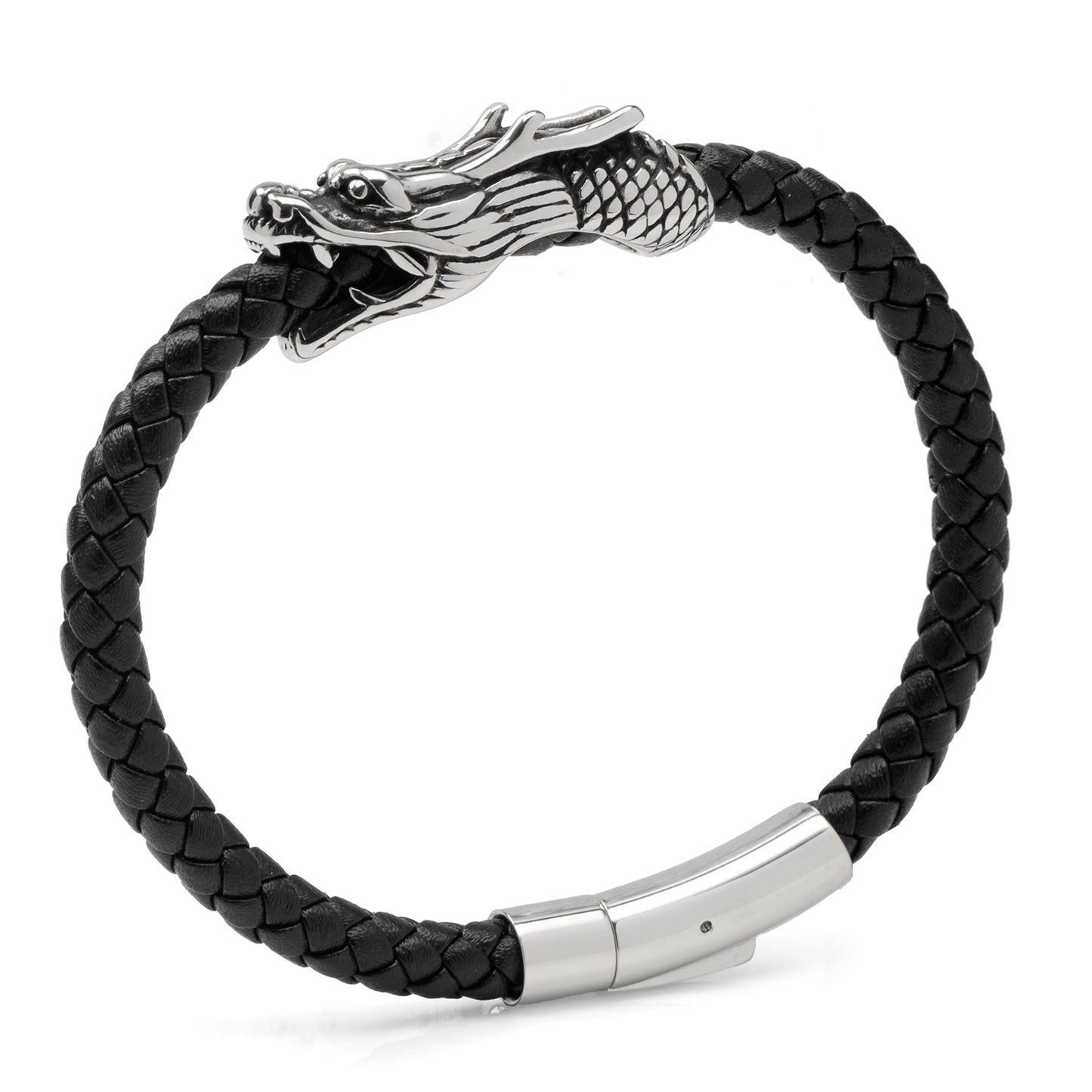 Dragon Head Braided Black Leather Bracelet with Magnetic Closure