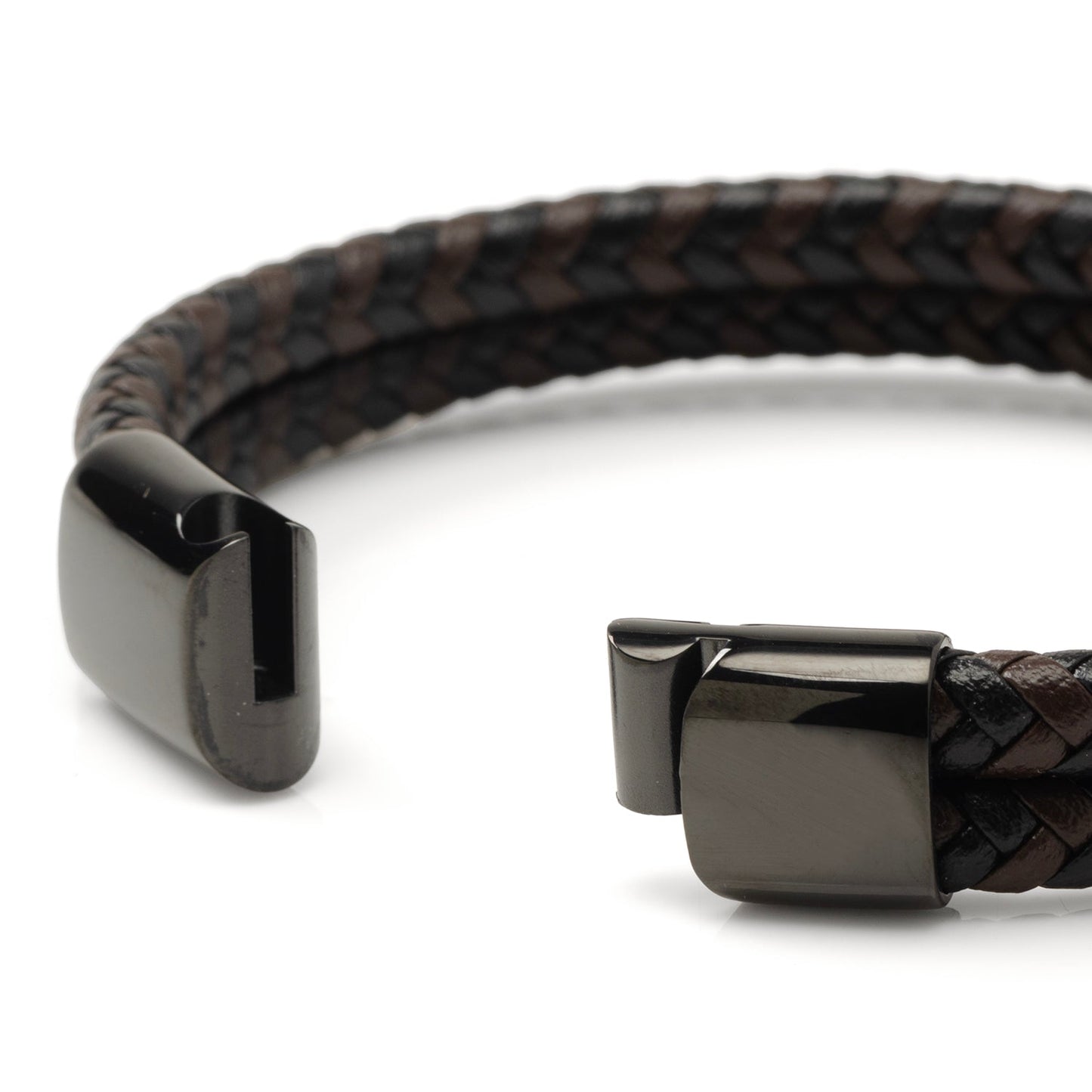 Black and Brown Braided Leather Bracelet with Gunmetal Stainless Steel Magnetic Clasp