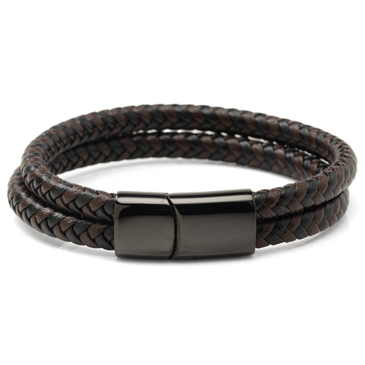 Black and Brown Braided Leather Bracelet with Gunmetal Stainless Steel Magnetic Clasp