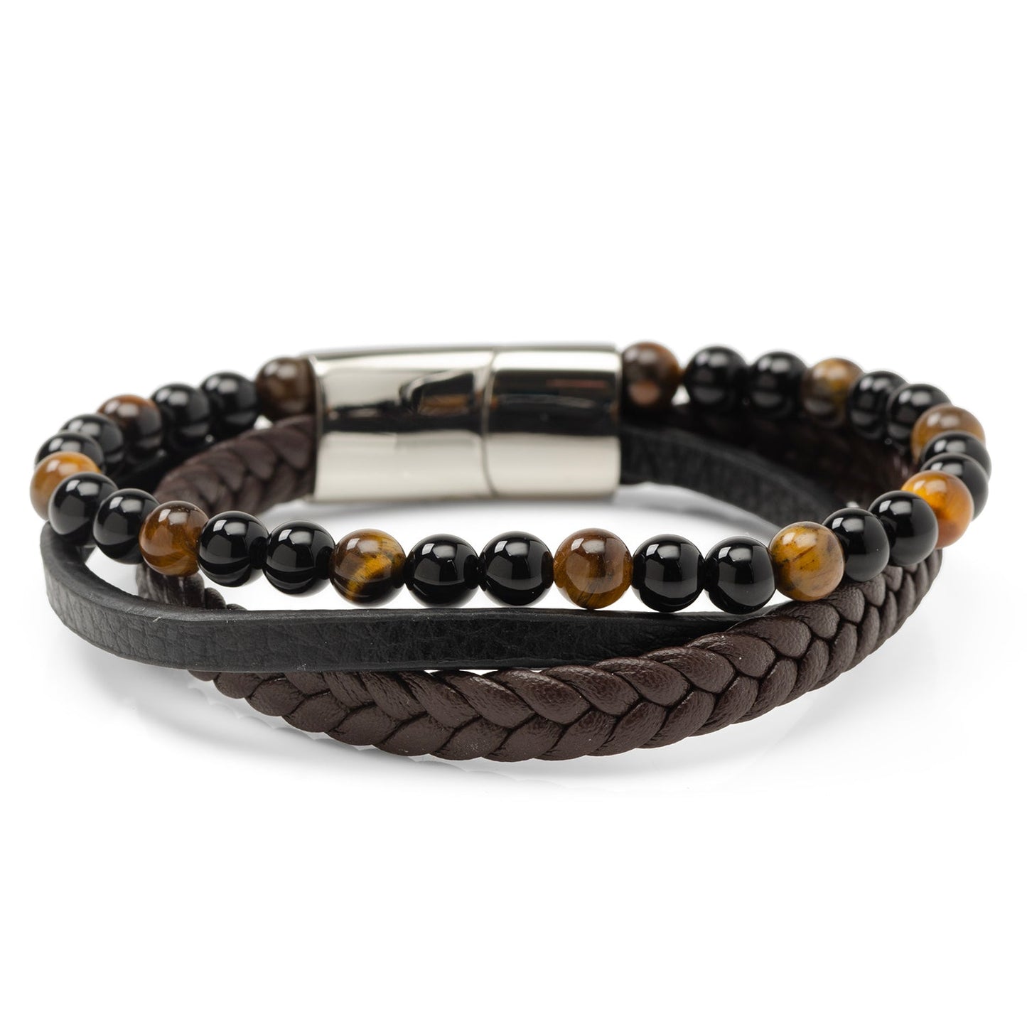 Stainless Steel Stacked Brown Leather Bracelet with Tigers Eye
