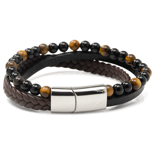 Stainless Steel Stacked Brown Leather Bracelet with Tigers Eye