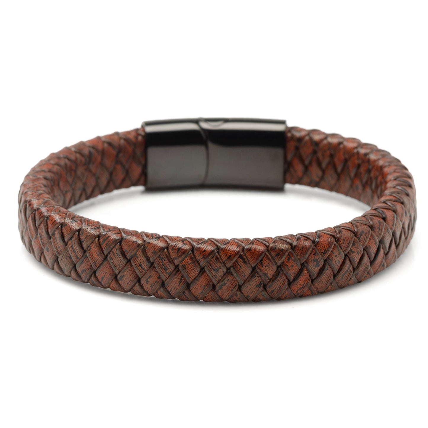 Red Brown Braided Leather Bracelet with Gunmetal Stainless Steel Magnetic Clasp