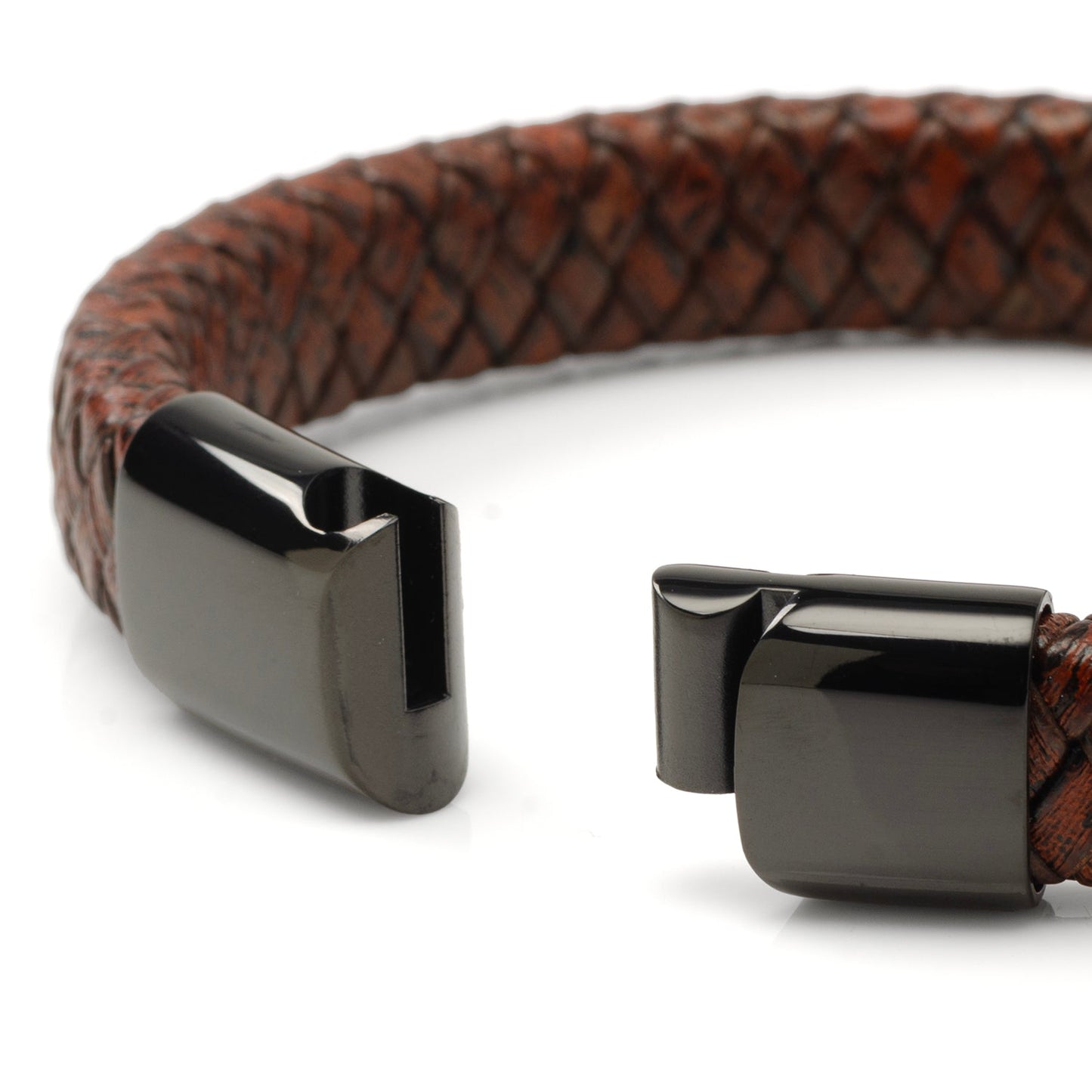 Red Brown Braided Leather Bracelet with Gunmetal Stainless Steel Magnetic Clasp