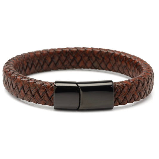 Red Brown Braided Leather Bracelet with Gunmetal Stainless Steel Magnetic Clasp