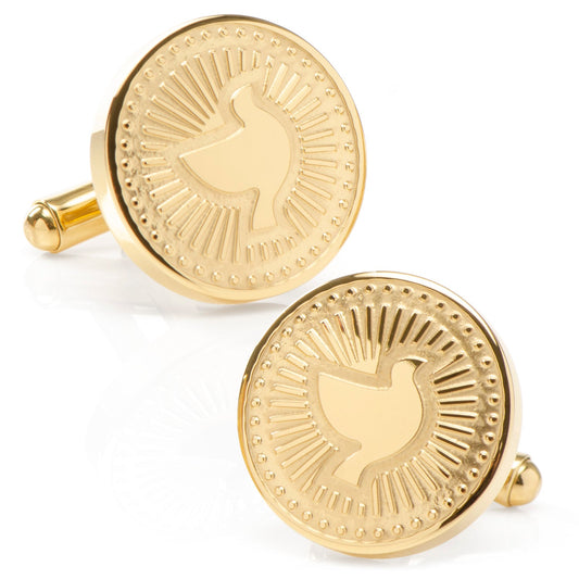 Gold cufflinks with a dove design on a white background