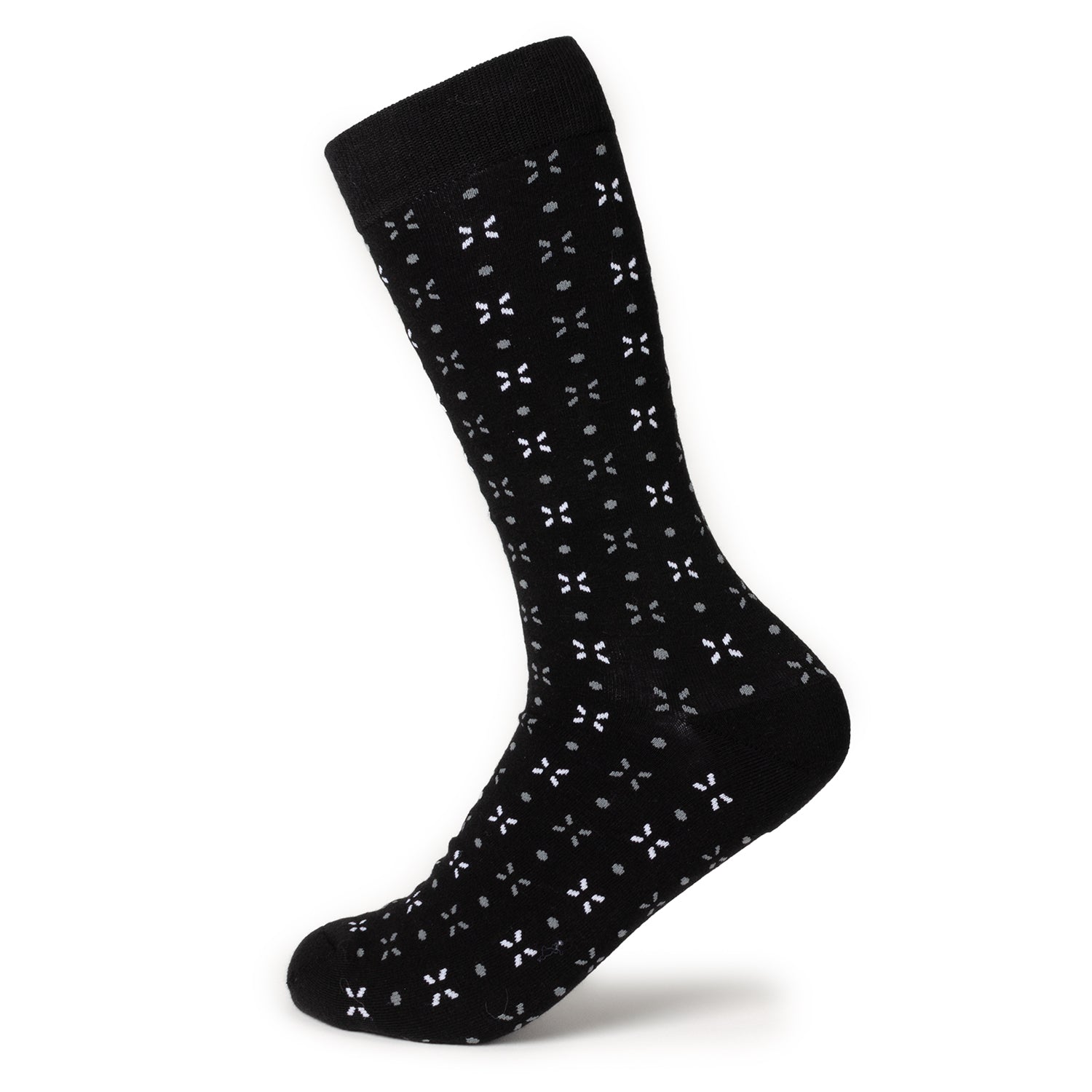 Black sock with white floral pattern on a white background