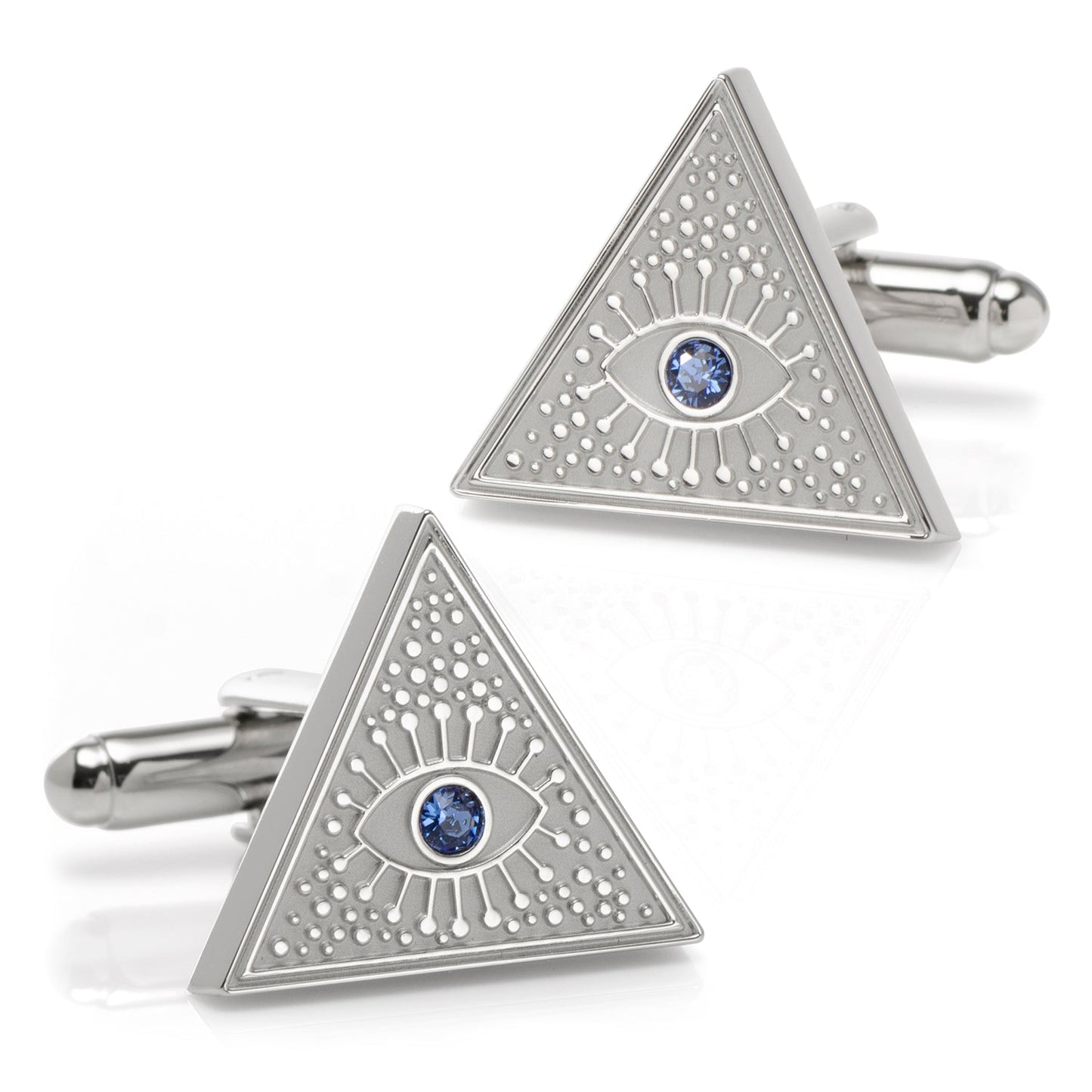 Triangular cufflinks with eye design and blue gemstones on a white background