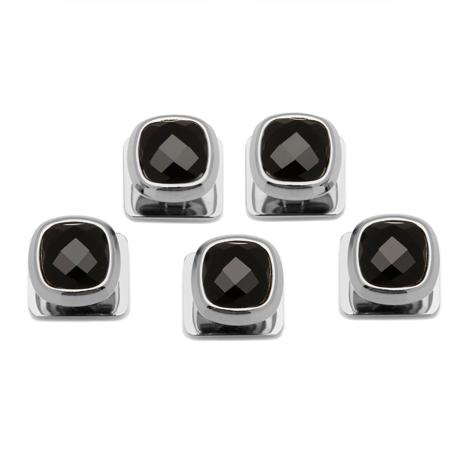 Set of six black gemstone cufflinks with silver borders on a white background