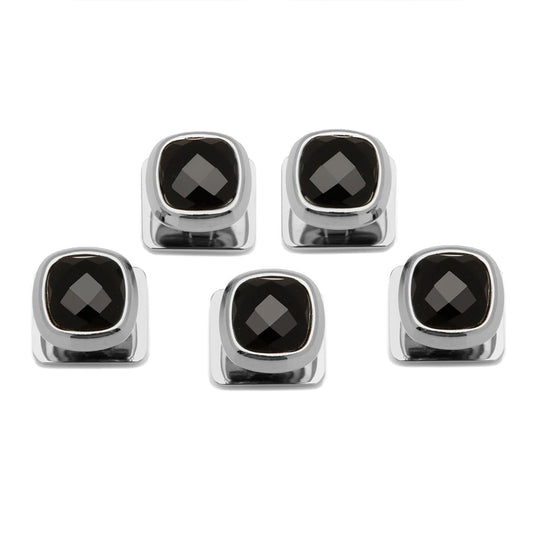 Set of six black gemstone cufflinks with silver borders on a white background