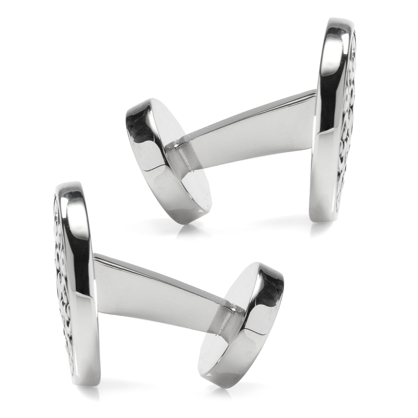 Pair of silver cufflinks on a white background