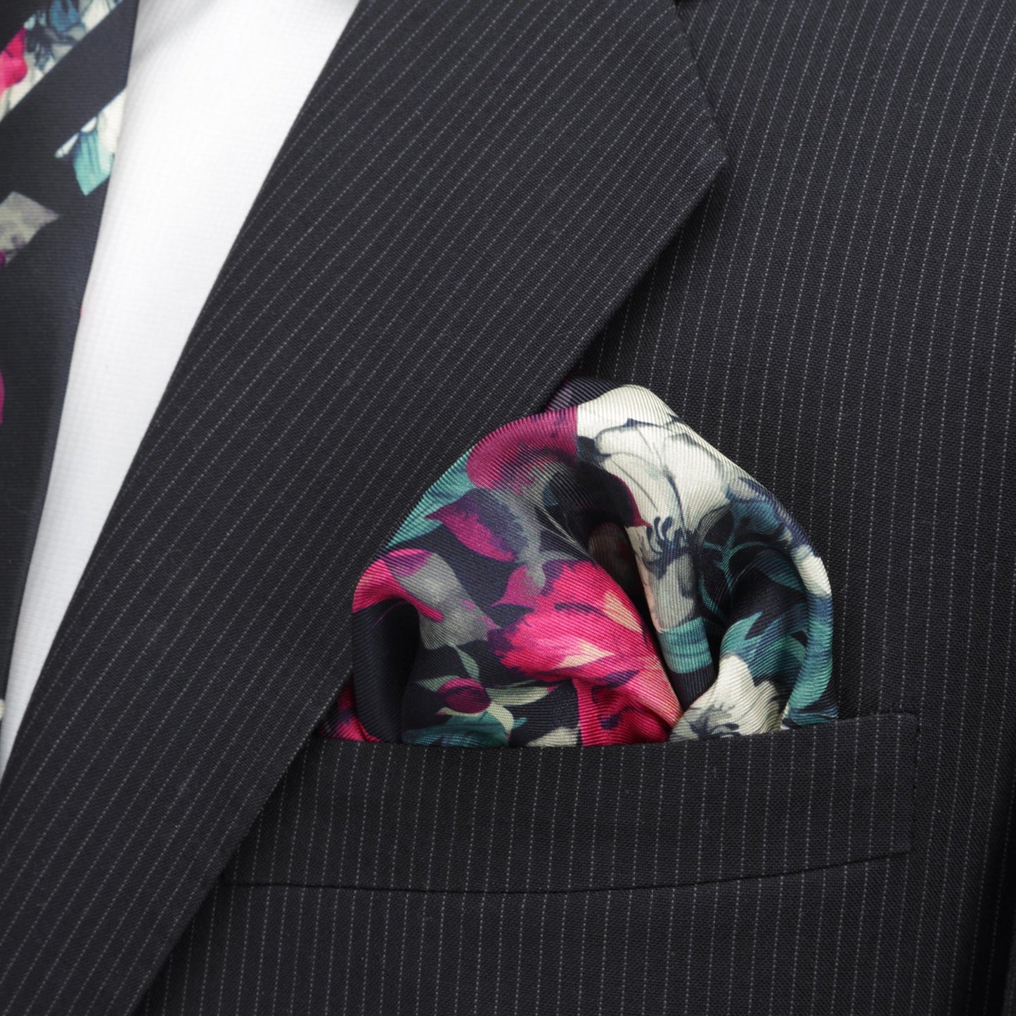Painted Floral Navy Necktie and Pocket Square Gift Set