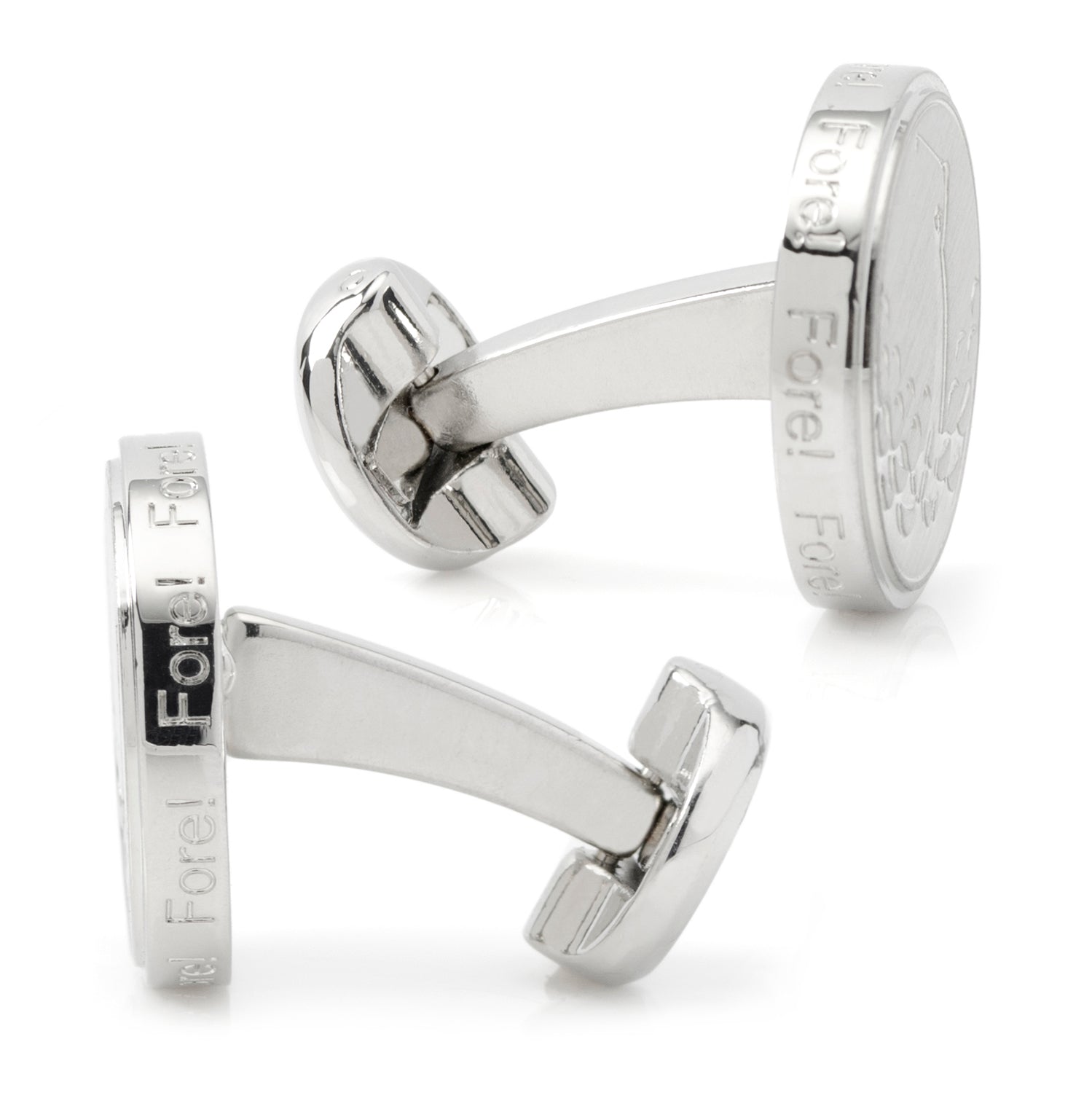 Silver cufflinks with 'Fore!' engraving on a white background