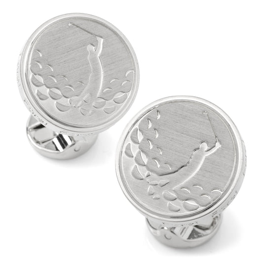 Silver cufflinks with a detailed design on a white background Golf Fore Silver Cufflinks