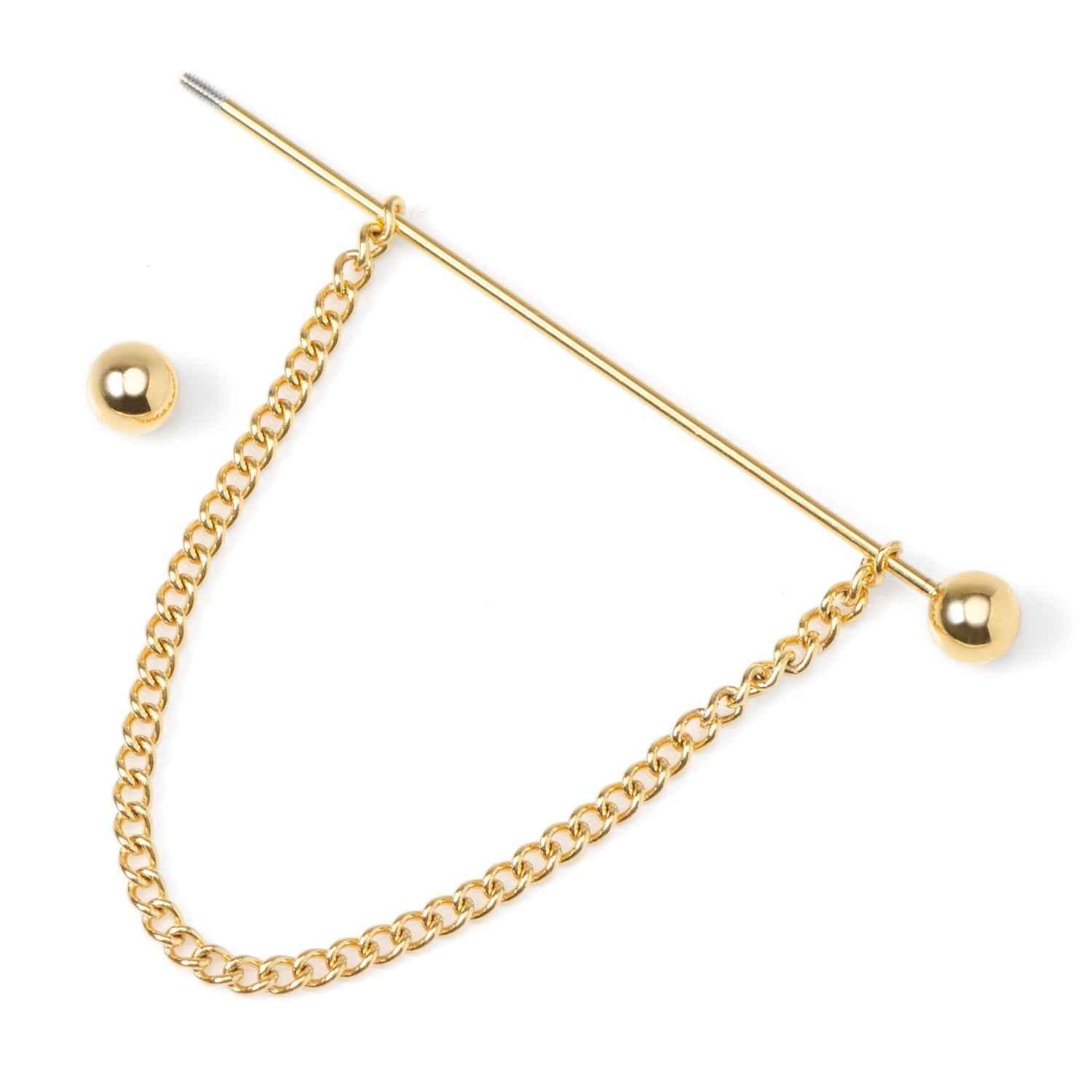 Gold chain earring with spherical ends on a white background