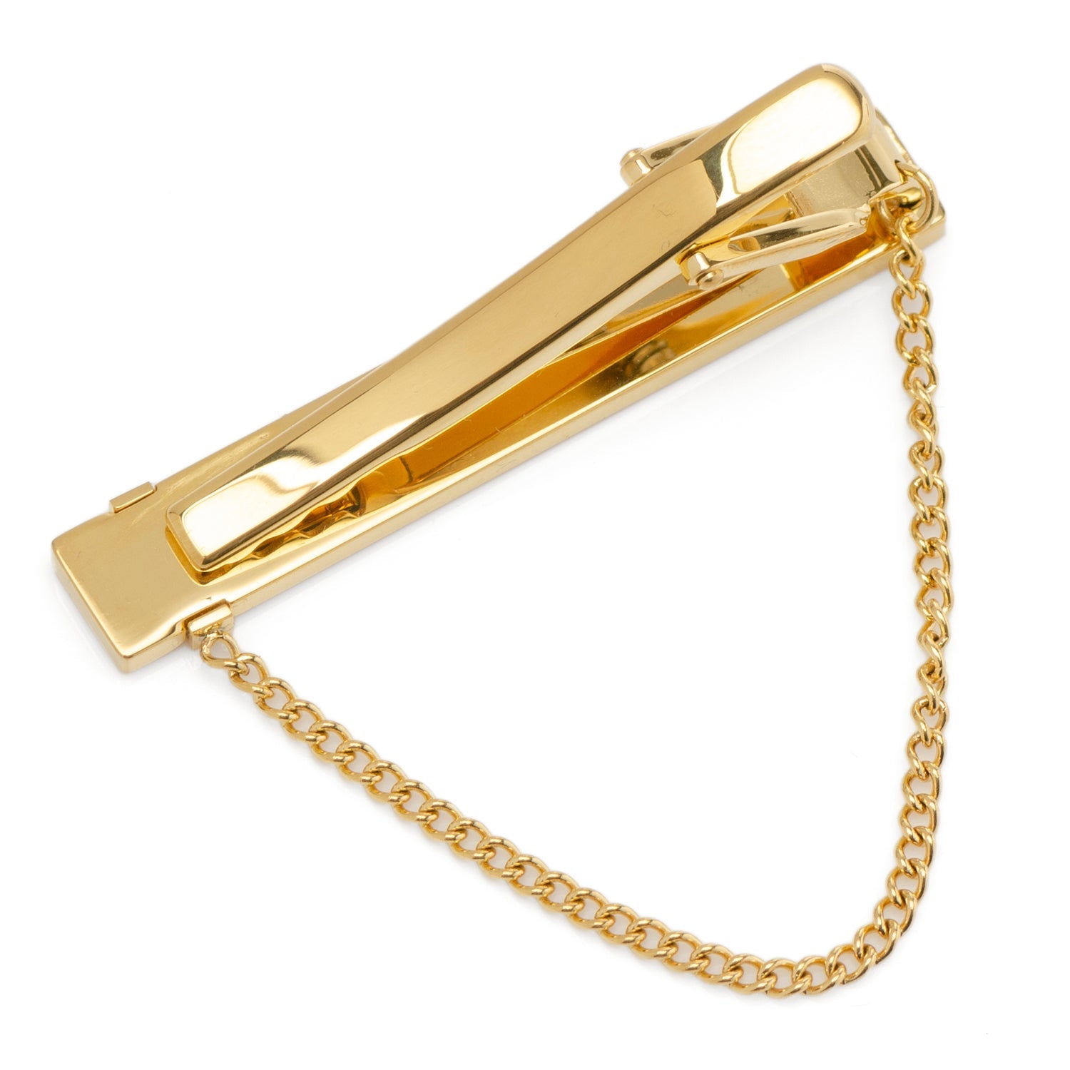Gold tie clip with chain on a white background