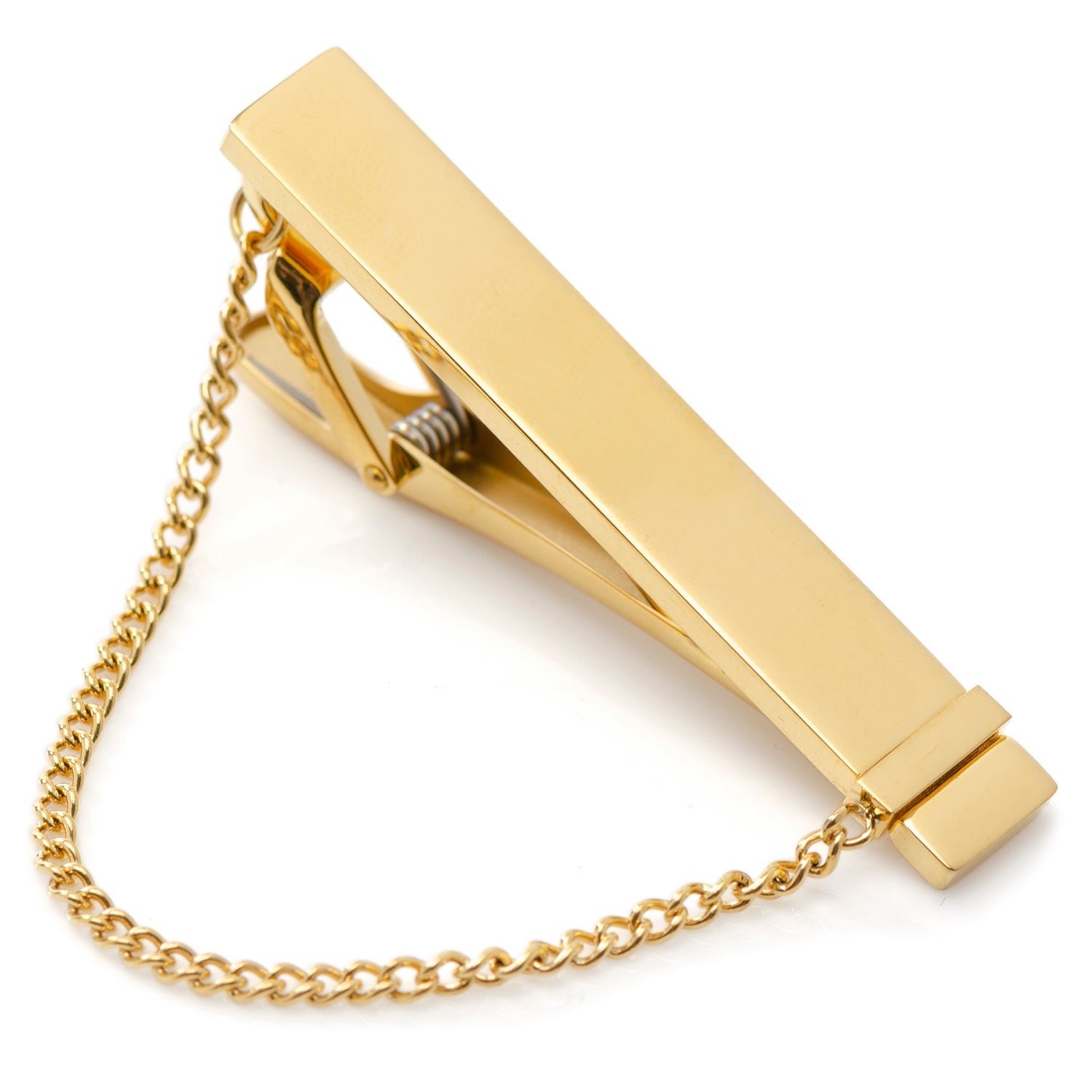 Gold tie clip with chain on a white background