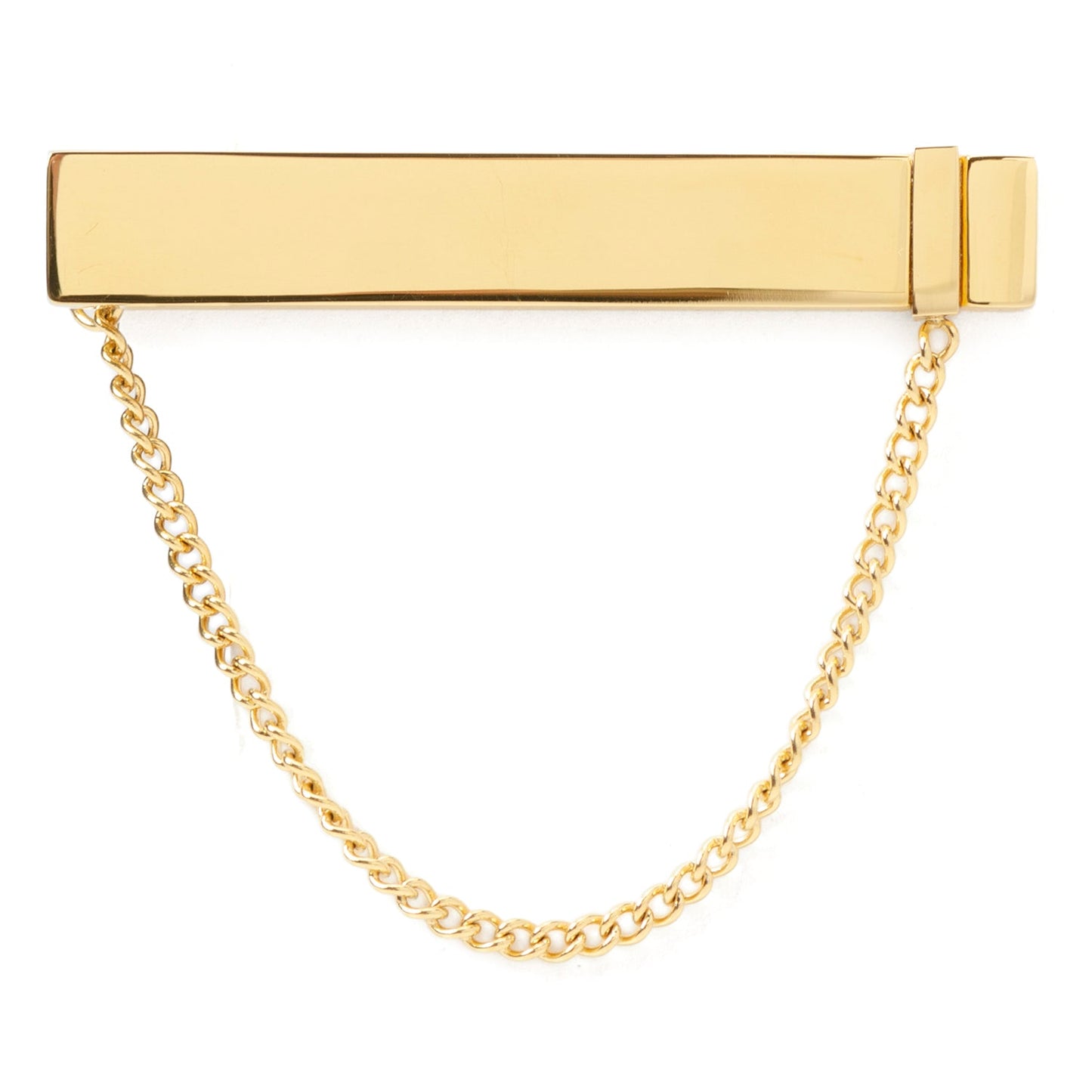 Gold tie clip with chain on a white background