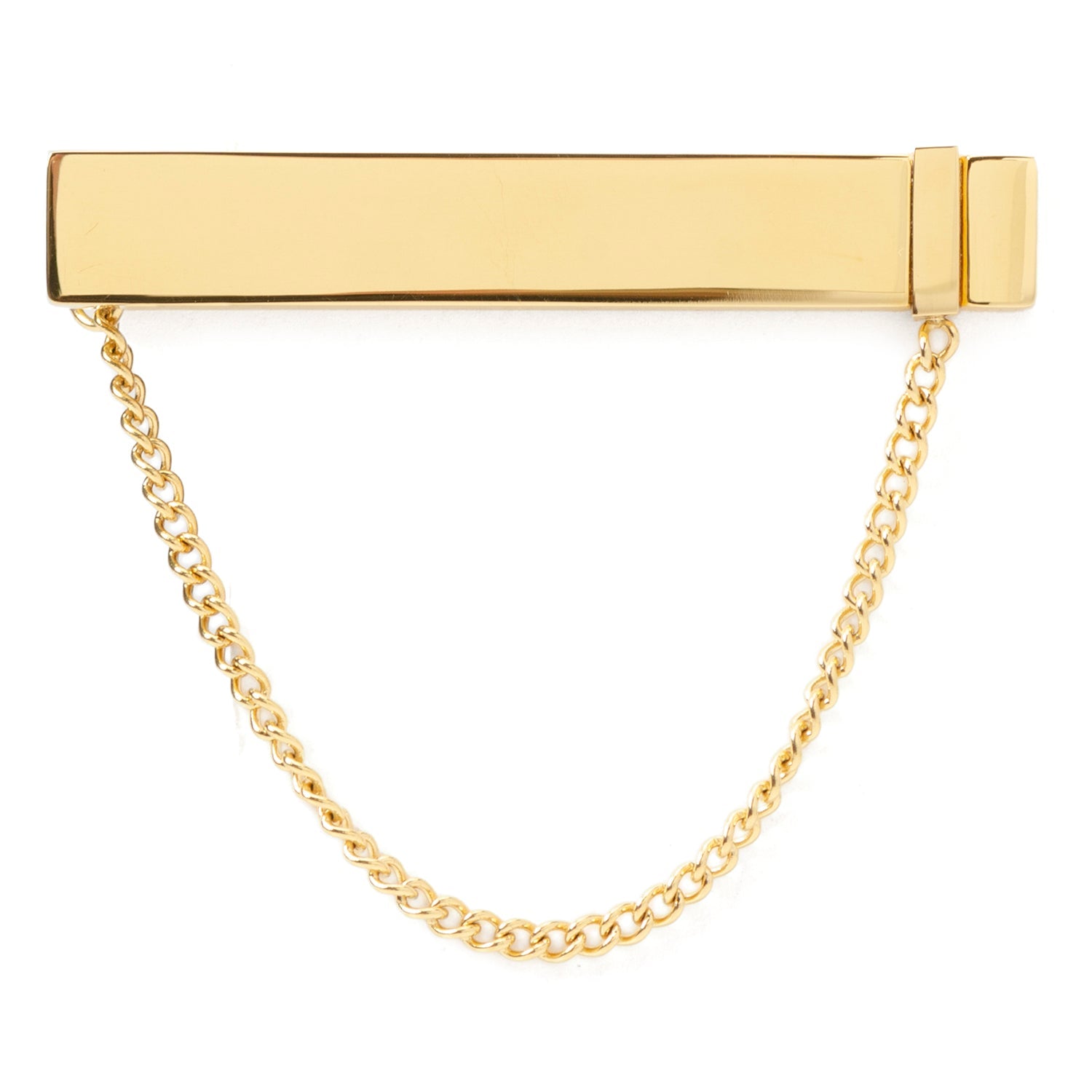 Gold tie clip with chain on a white background