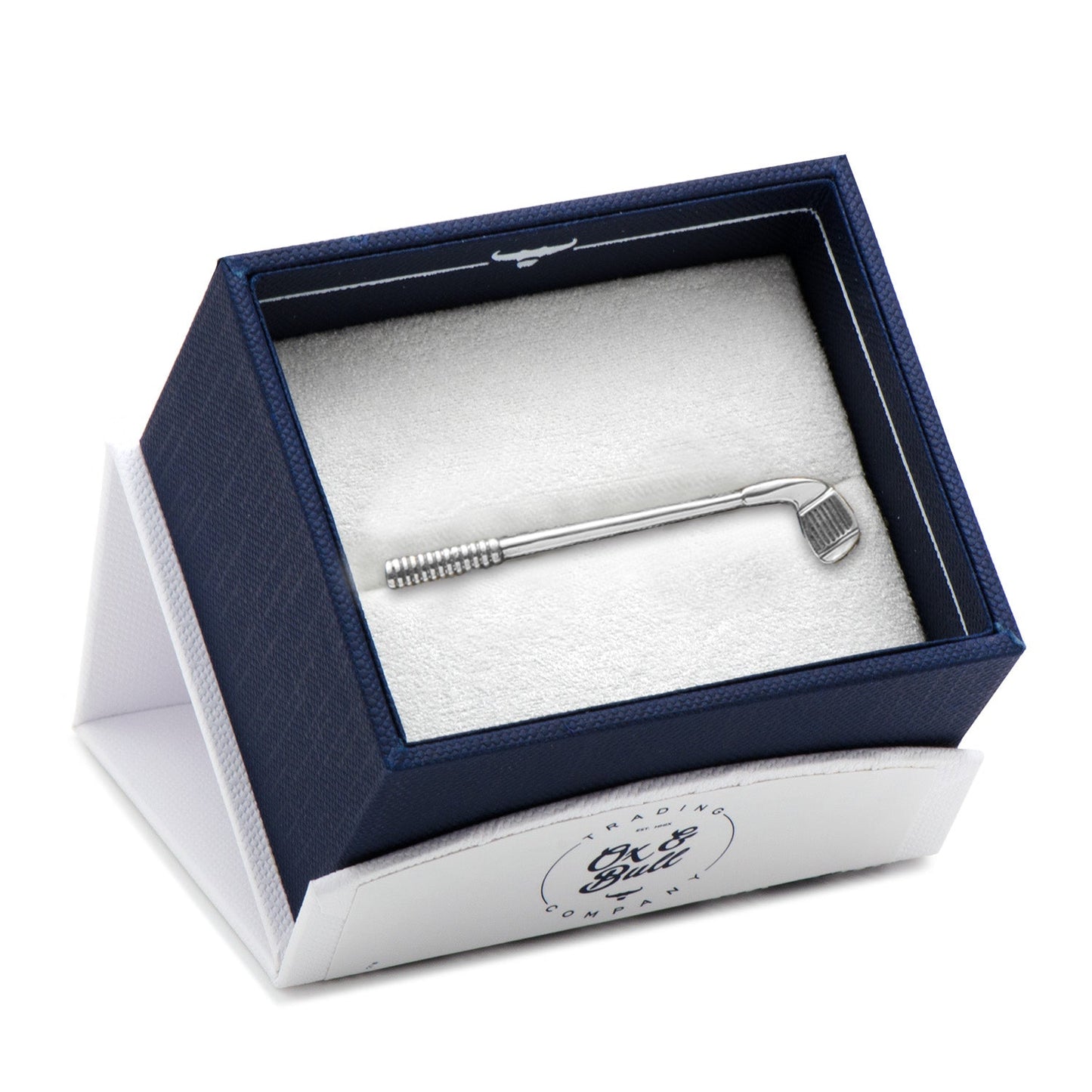 Silver tie clip in a branded box on a white background Golf Club Tie Clip