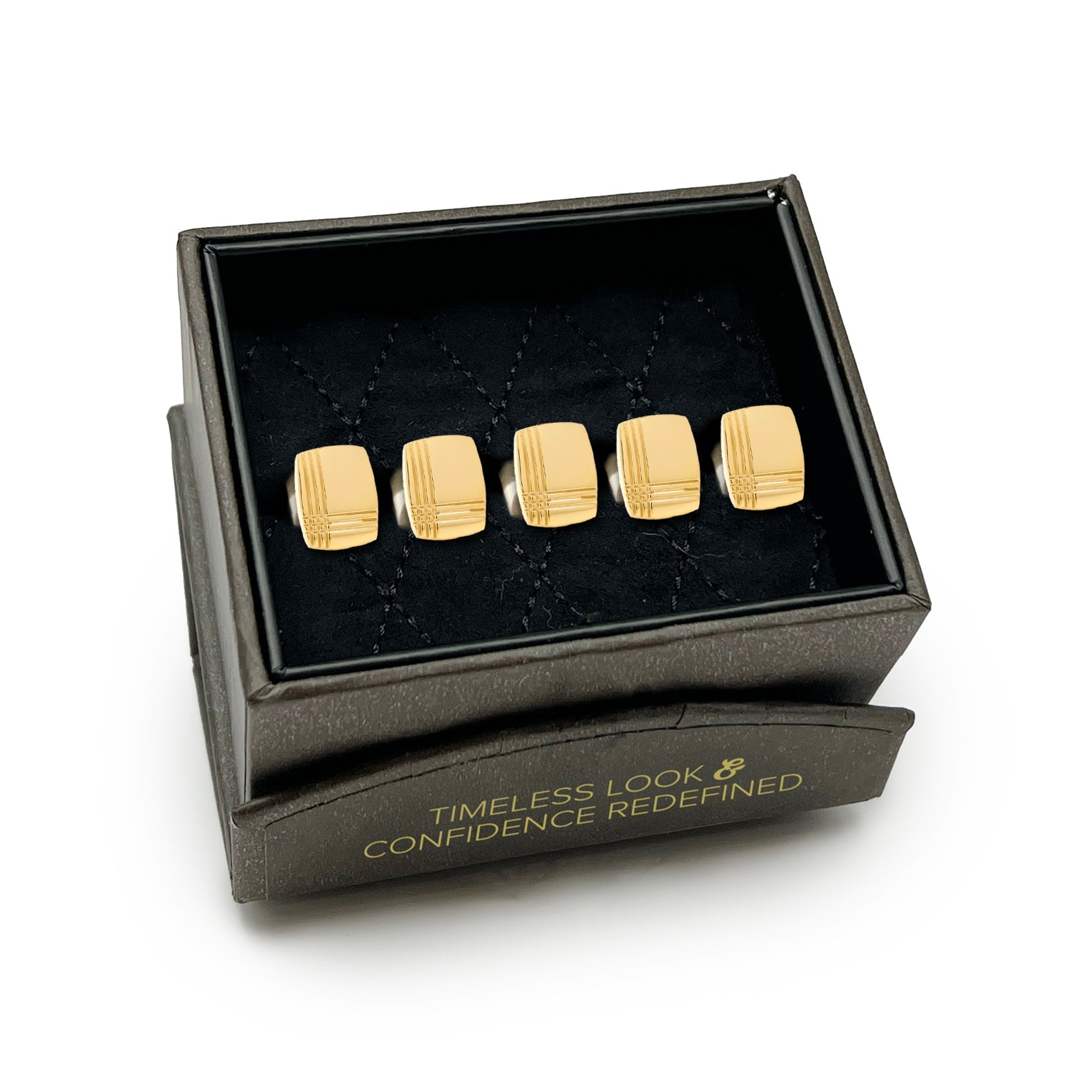 Set of gold cufflinks in a black box with text on a white background