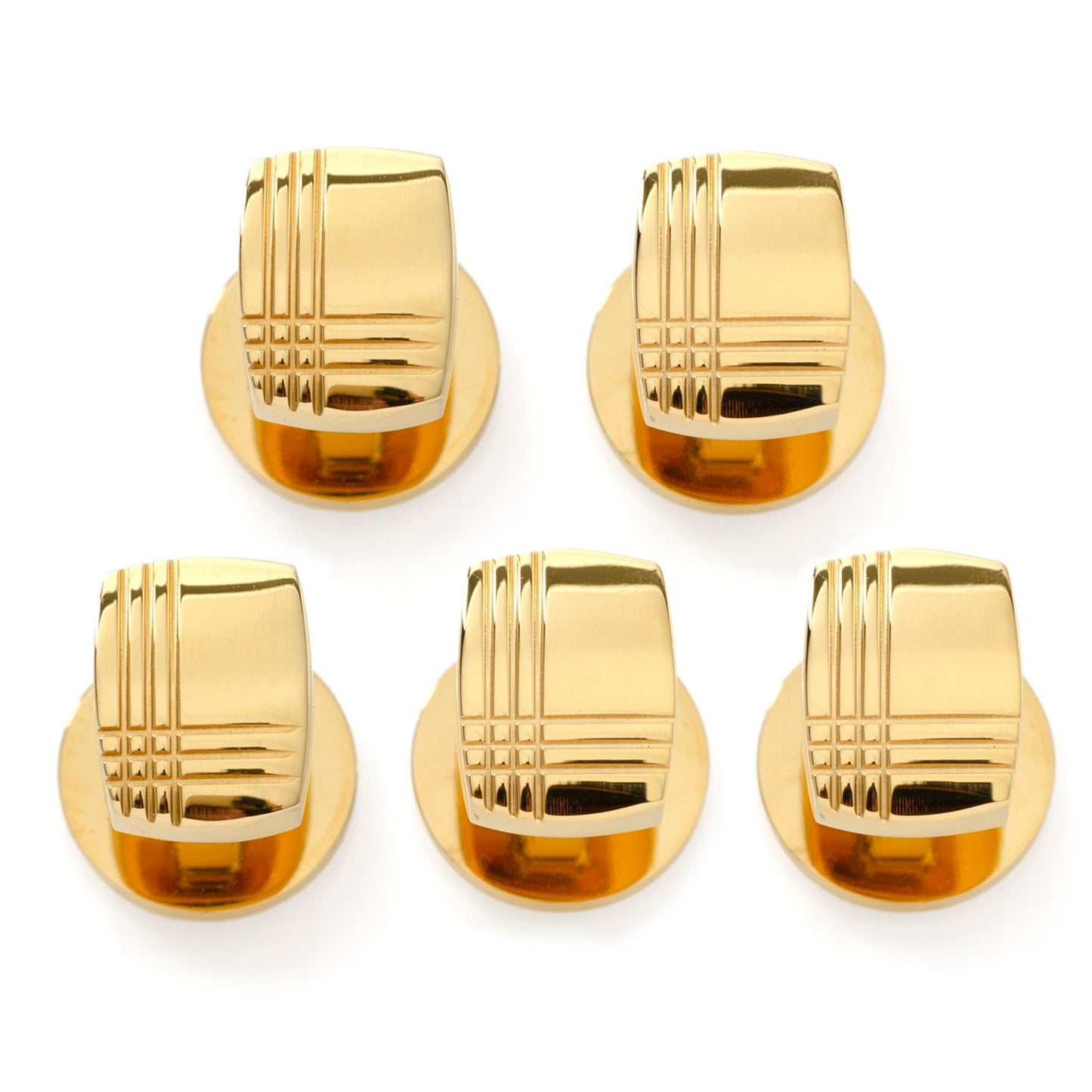 Five gold cufflinks with a textured design on a white background