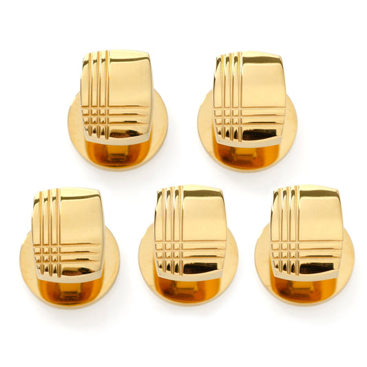 Five gold cufflinks with a textured design on a white background
