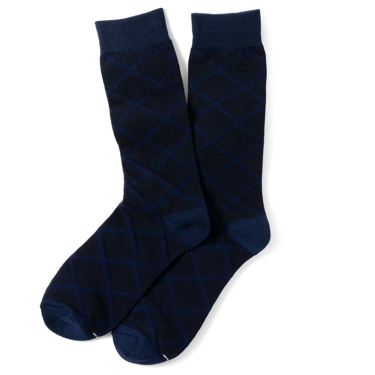 Pair of navy blue patterned socks on a white background