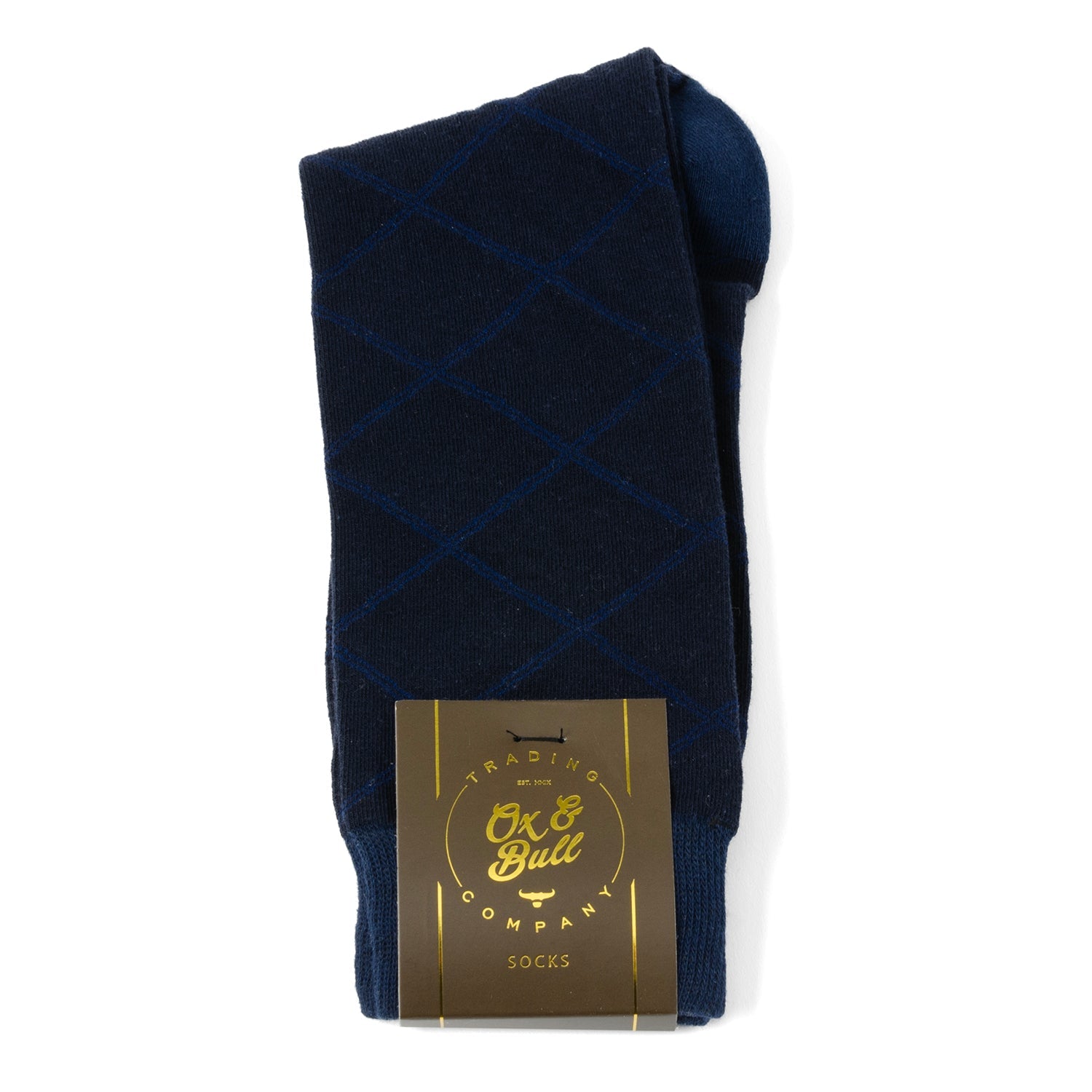 Navy blue patterned sock with a gold label on a white background