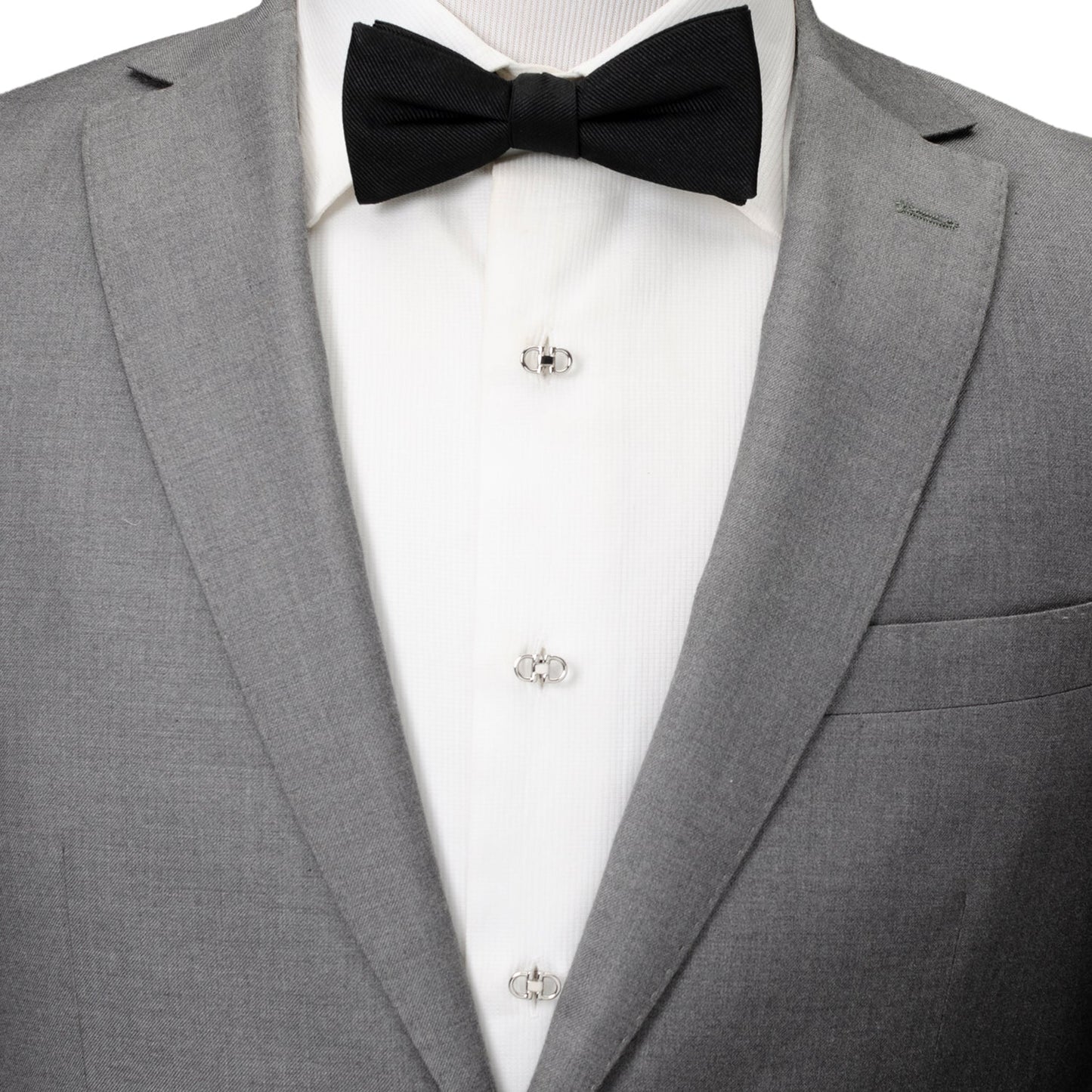 Gray tuxedo with a black bow tie on a white background