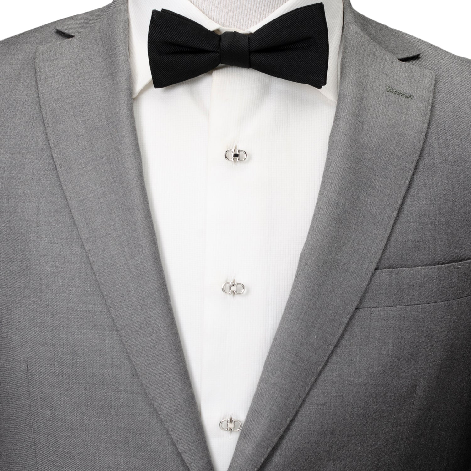 Gray tuxedo with a black bow tie on a white background