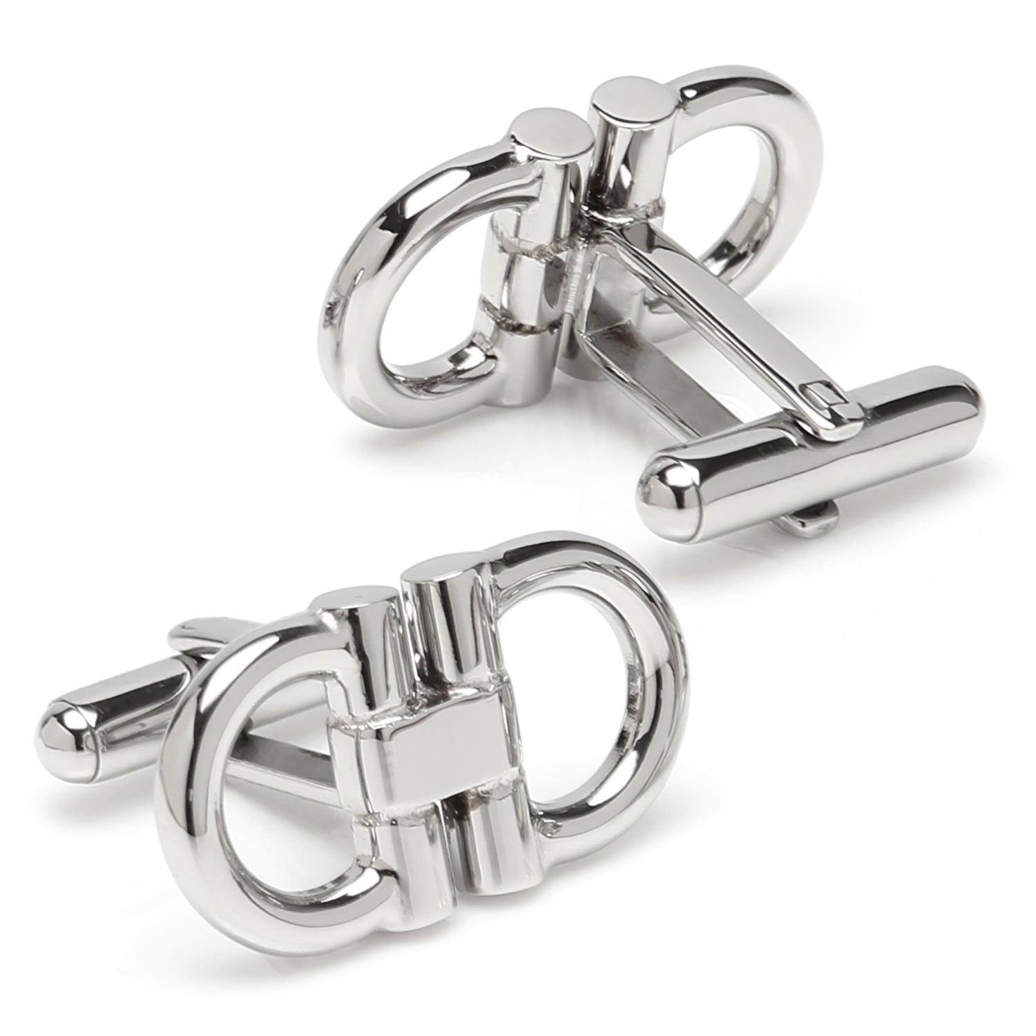 Pair of silver cufflinks on a white background