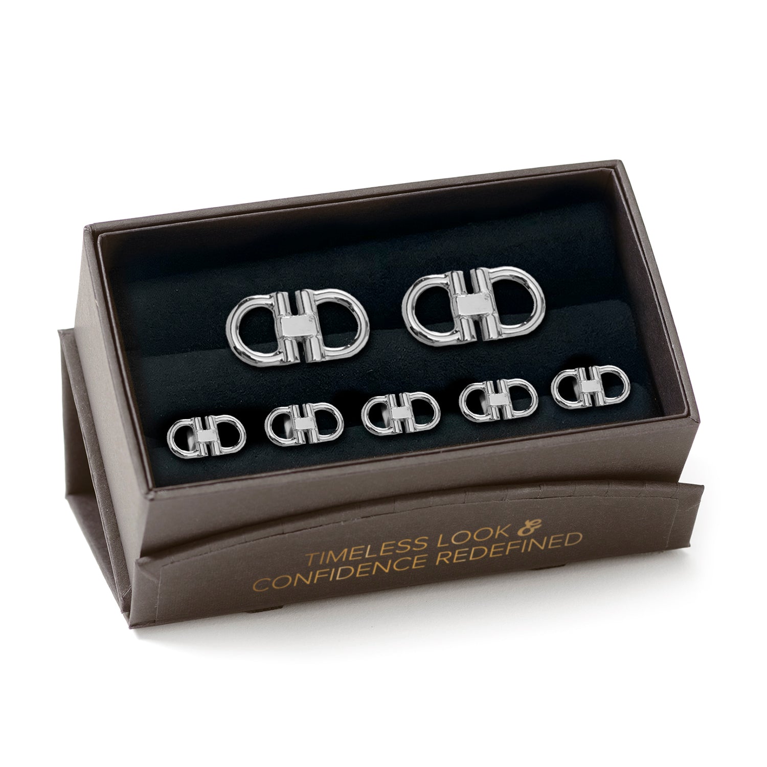 Set of silver cufflinks in a branded box on a white background