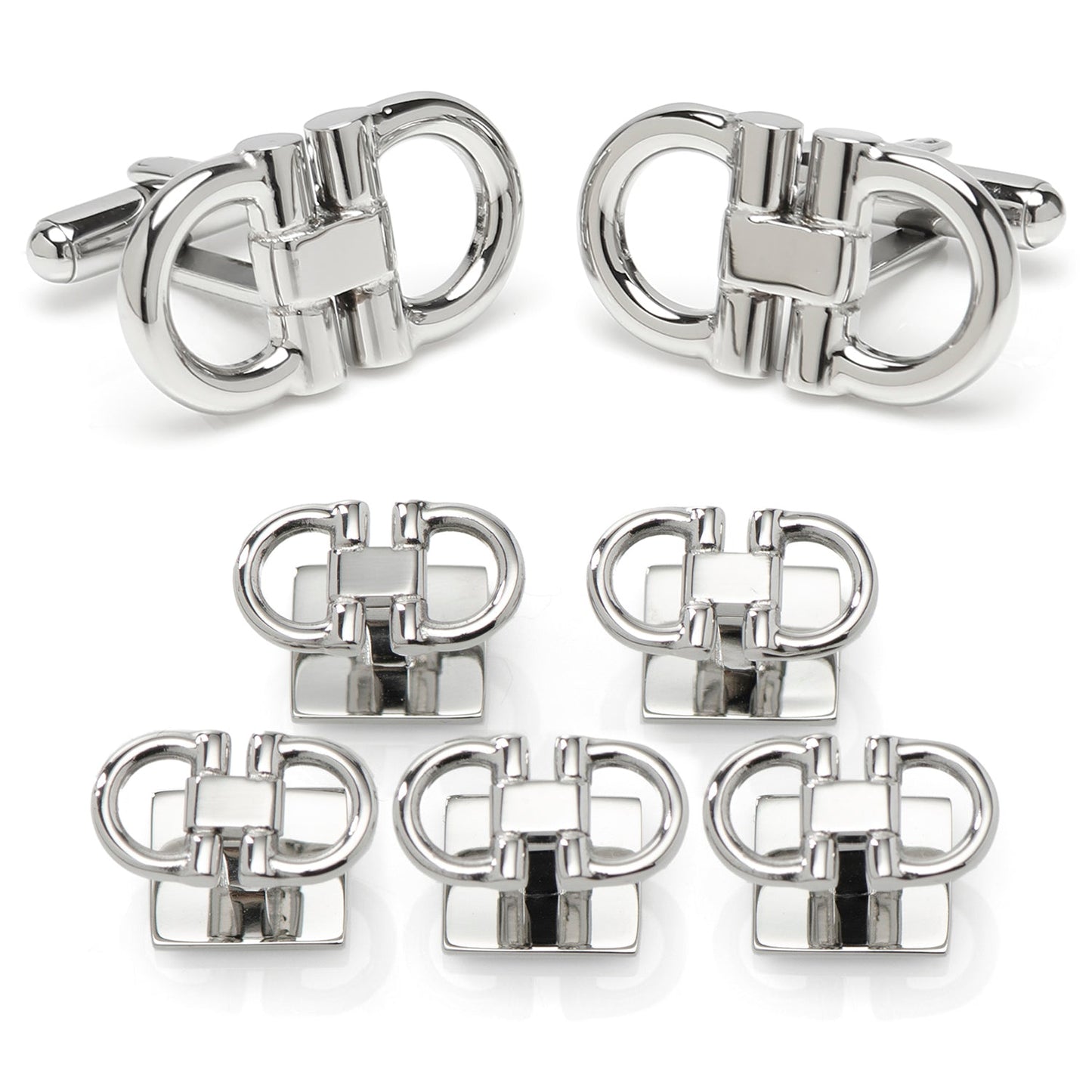 Set of silver cufflinks on a white background