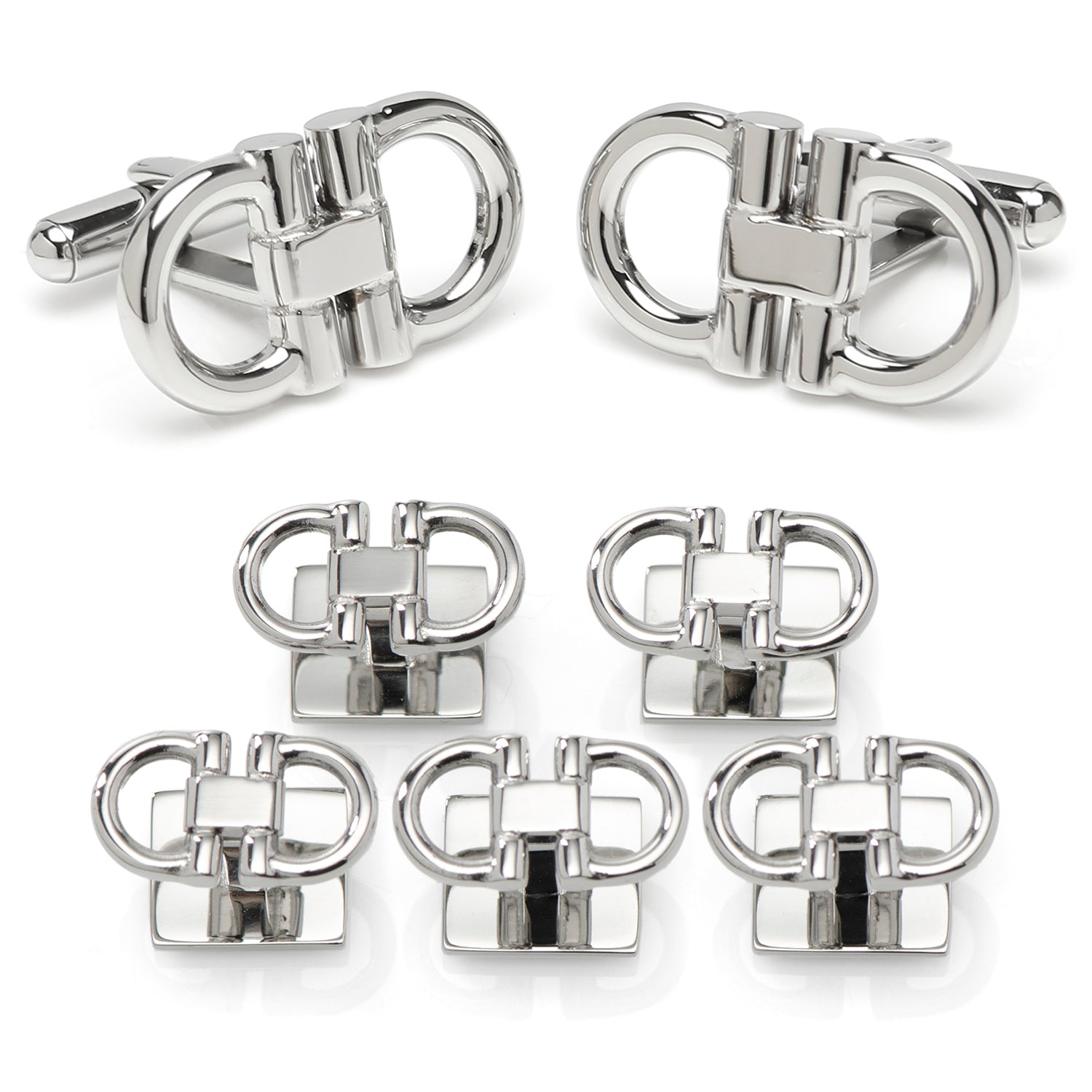 Set of silver cufflinks on a white background