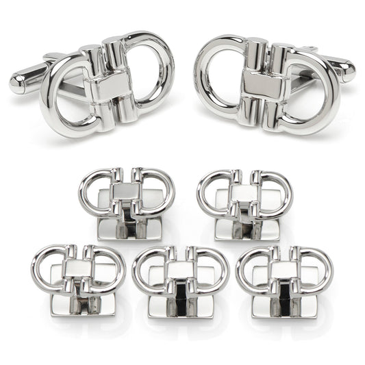 Set of silver cufflinks on a white background