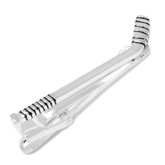 Silver tie clip with black and white striped design on a white background Hockey Stick Tie Clip