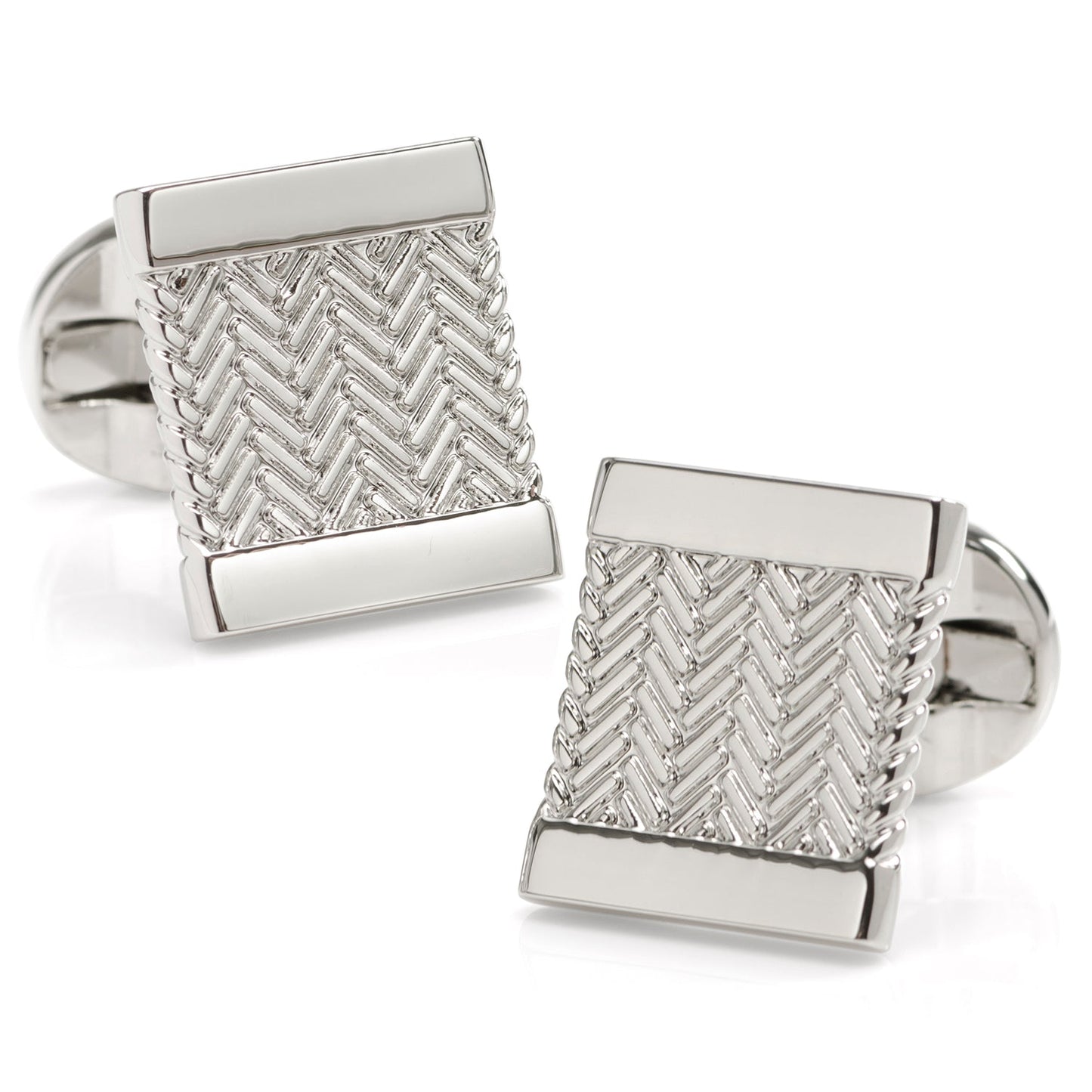 Pair of silver cufflinks with a chevron pattern on a white background