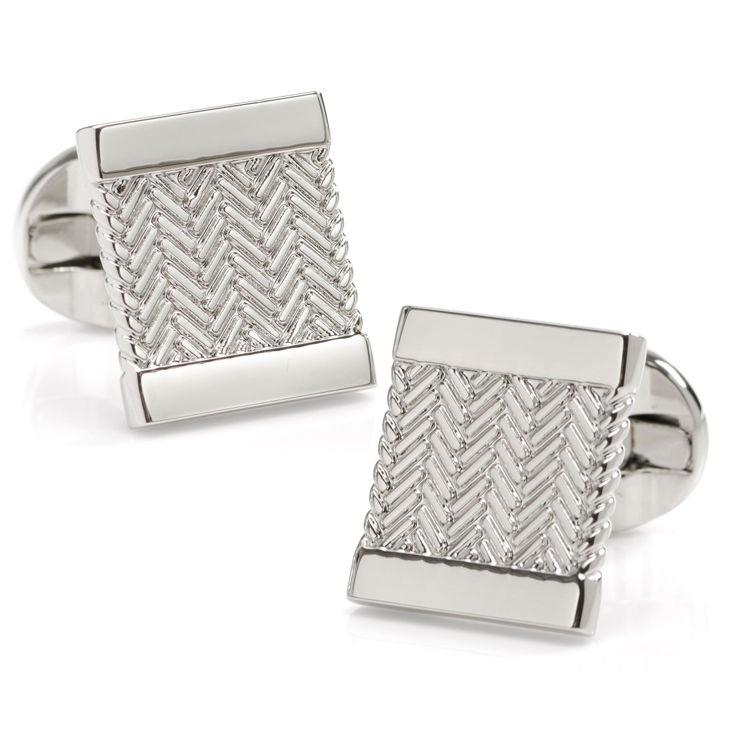 Pair of silver cufflinks with a chevron pattern on a white background